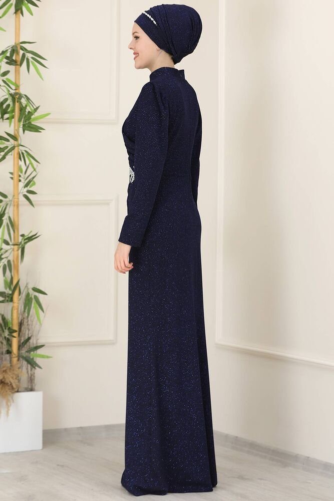 Abaya Kleider Modavitrini blau Damen Abiye Maxikleid Maxikleid Glitzer Abendkleid Navy Hijab Stoff langärmliges