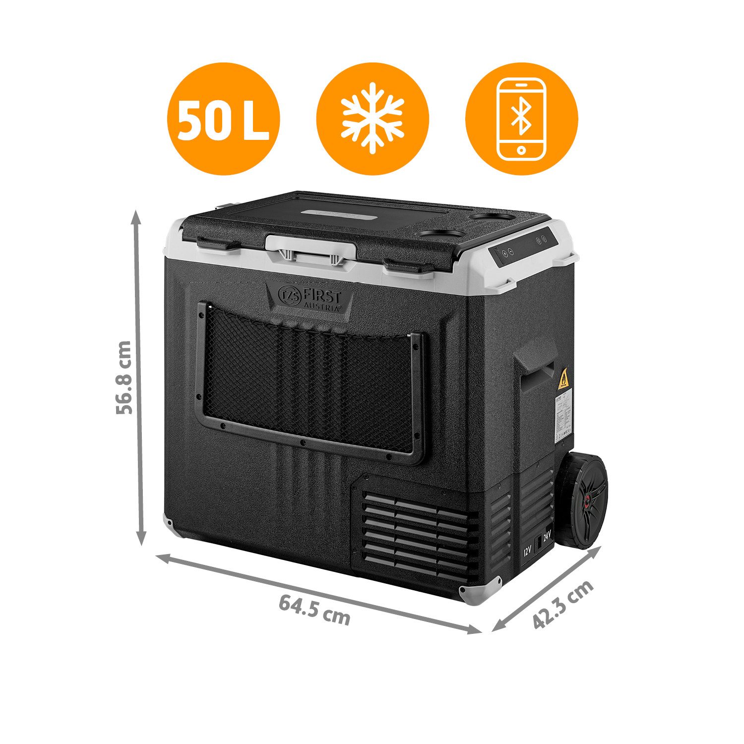TZS FIRST AUSTRIA Elektrische Kühlbox Kompressor 50L, 12V / 230V Anschluss, App-Steuerung, Trolleyfunktion, Bis -20 °C, ECO & MAX Modus, inkl. Schneidebrett & F – Bild 3 von 5