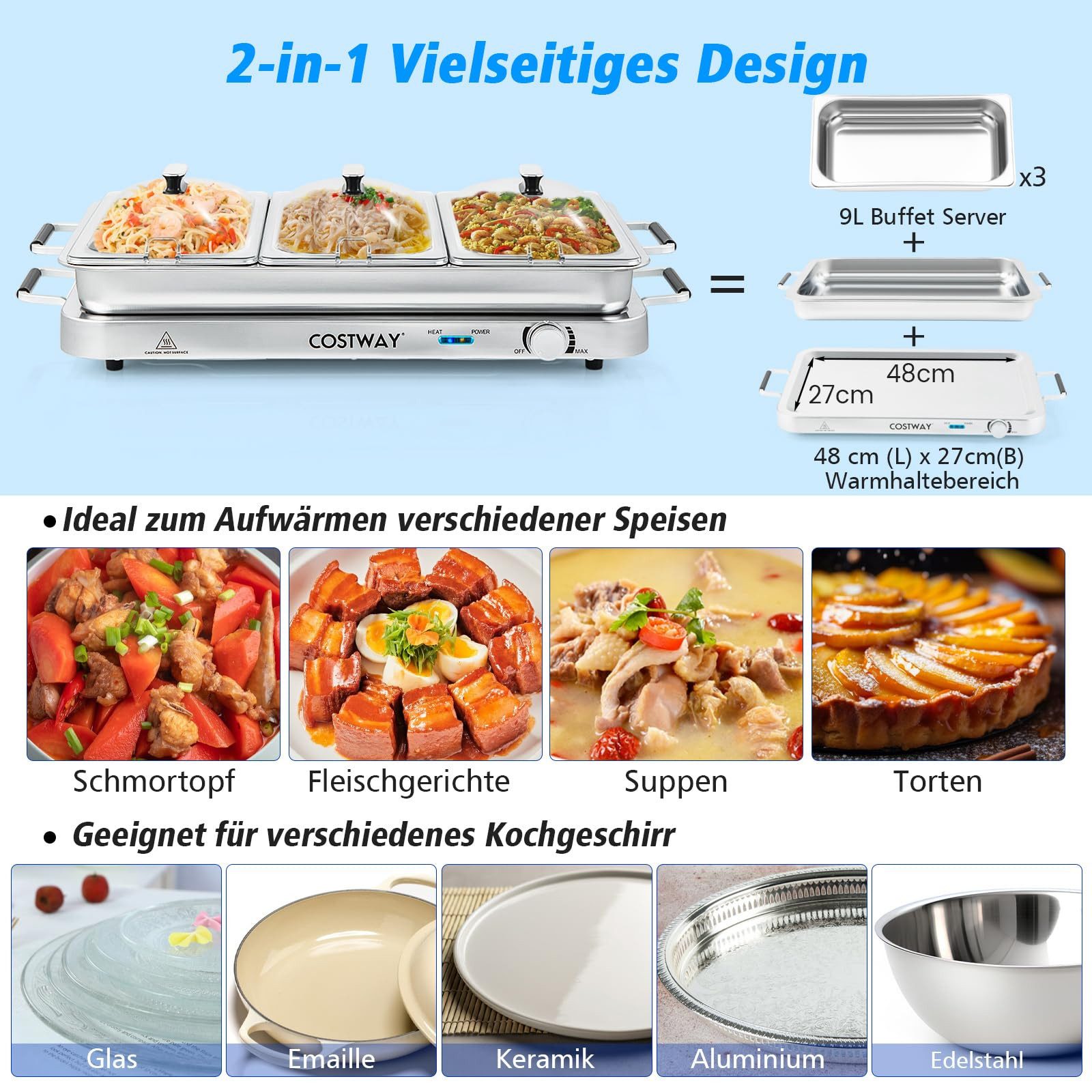 COSTWAY Warmhalteplatte, 450W Wärmebehälter, mit Temperaturregler von 50℃-150℃