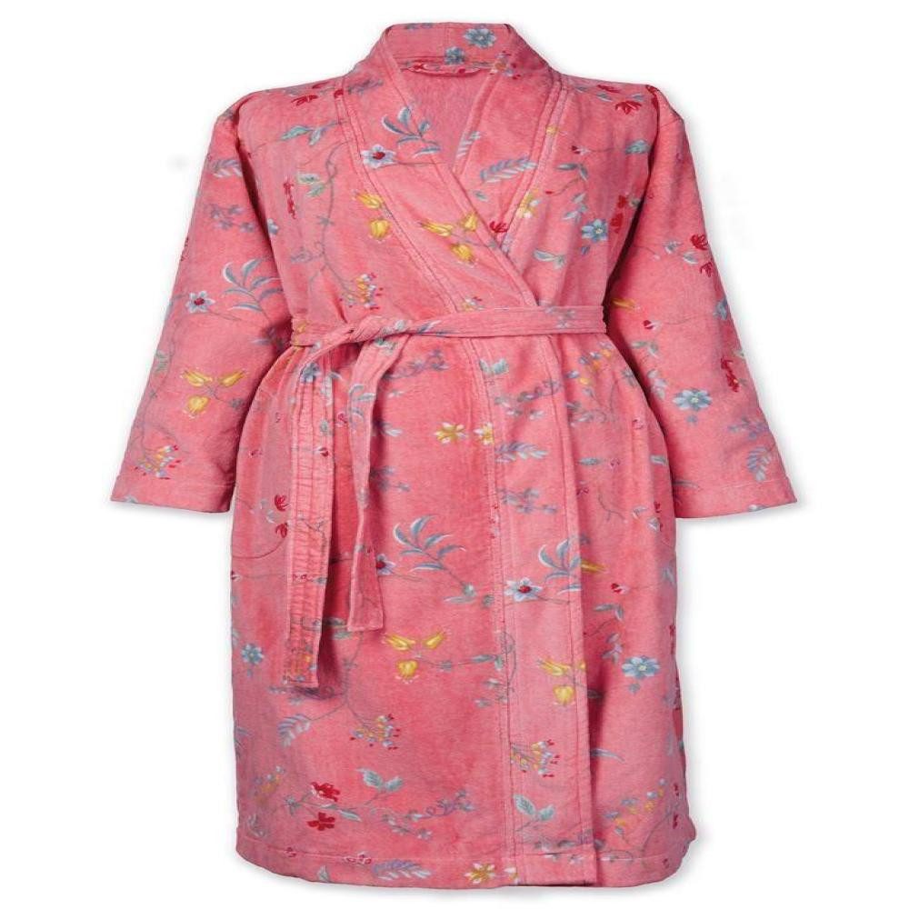 PiP Studio Bademantel Les Fleurs in Pink, Baumwolle, Schalkragen, Bindegürtel