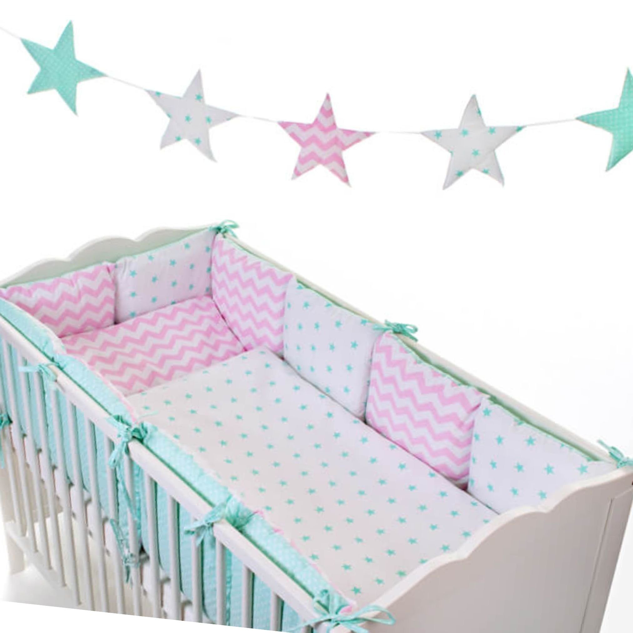 Babybettwäsche Baby Bett SET "Sweety LONG " für Babybett 70x140 -rosa-mint, Babymajawelt, Baumwolle, 8 teilig, Wendebettwäsche mit 5 tlg-Nestchen, Leucht-Farben, Made in EU