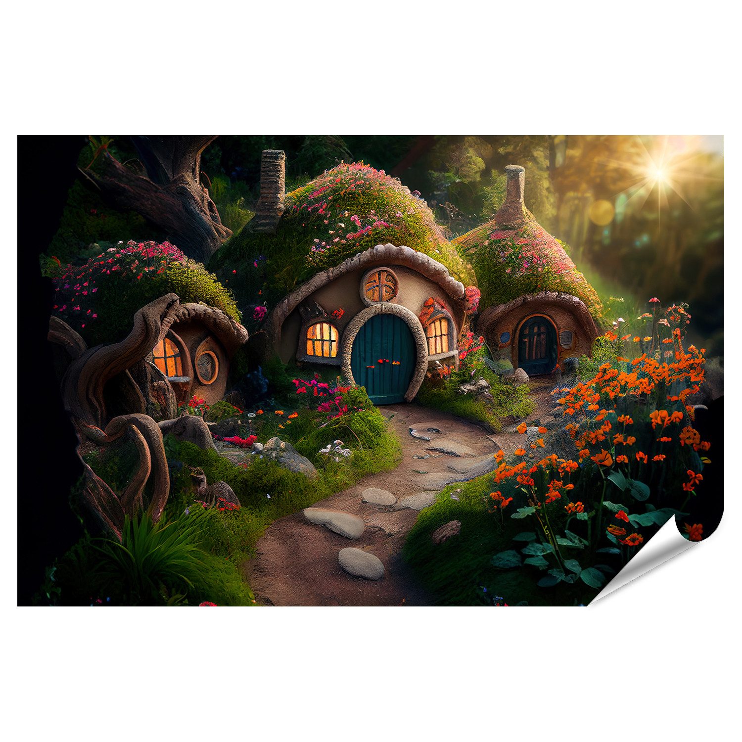 islandburner Poster Hobbit Häuser Fantasy Wald Märchen Haus Bedecktes Gras günstig online kaufen