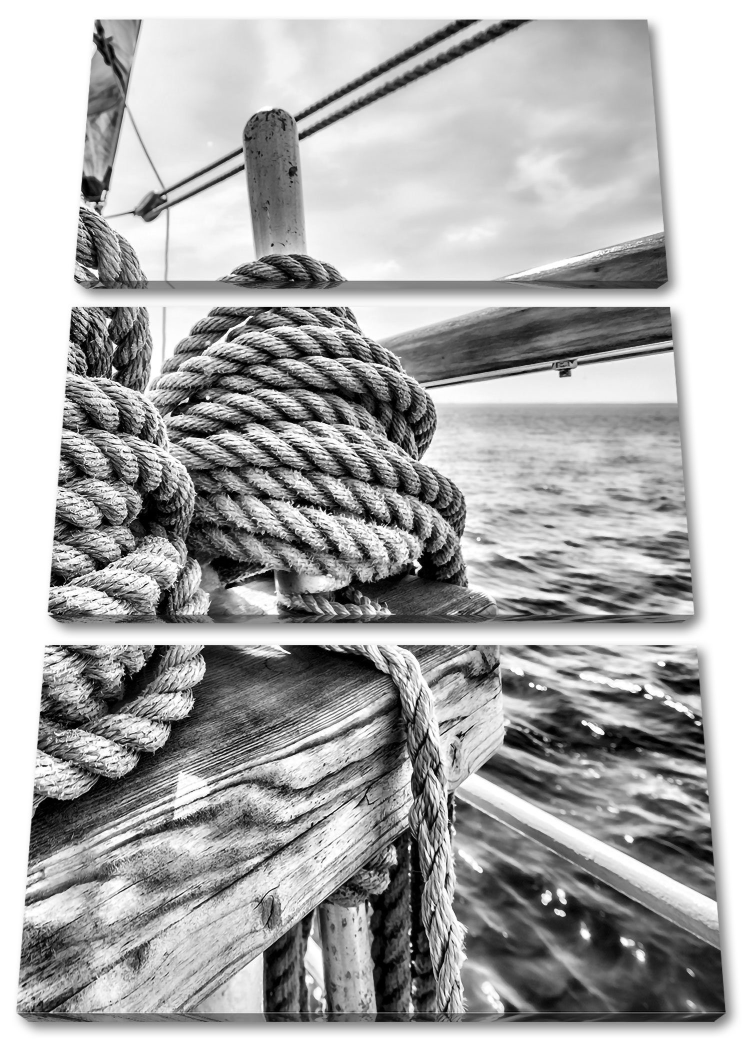 Schiff auf Leinwandbild Seil fertig auf Pixxprint bespannt, 3Teiler Tau Tau (1 (120x80cm) inkl. Seil Leinwandbild Schiff, St), Zackenaufhänger