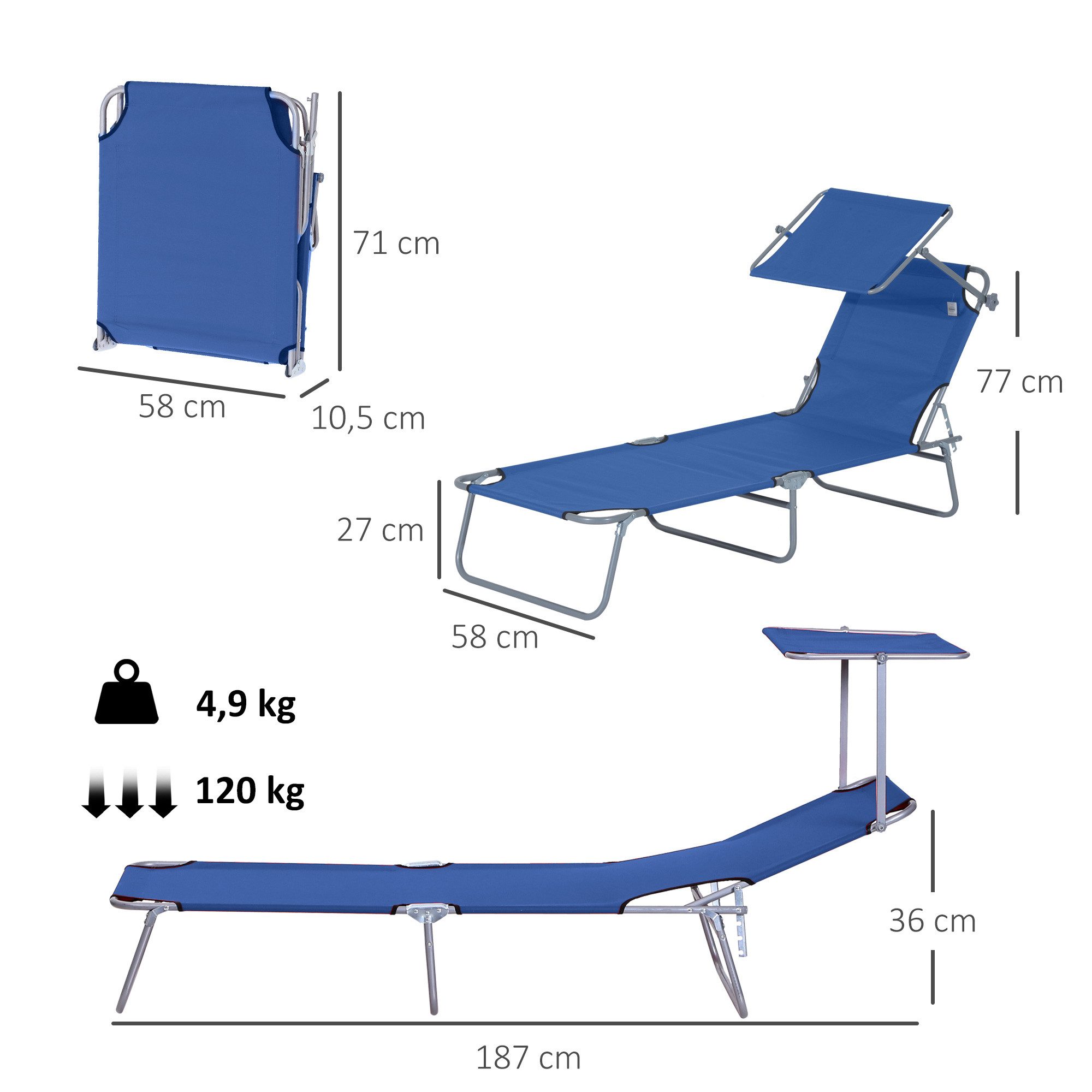 Outsunny Feldbett klappbar Campingliege mit Sonnenschutz bis 120 kg belastbar (Liege, 1-St., Relaxliege) für Balkon, Oxford