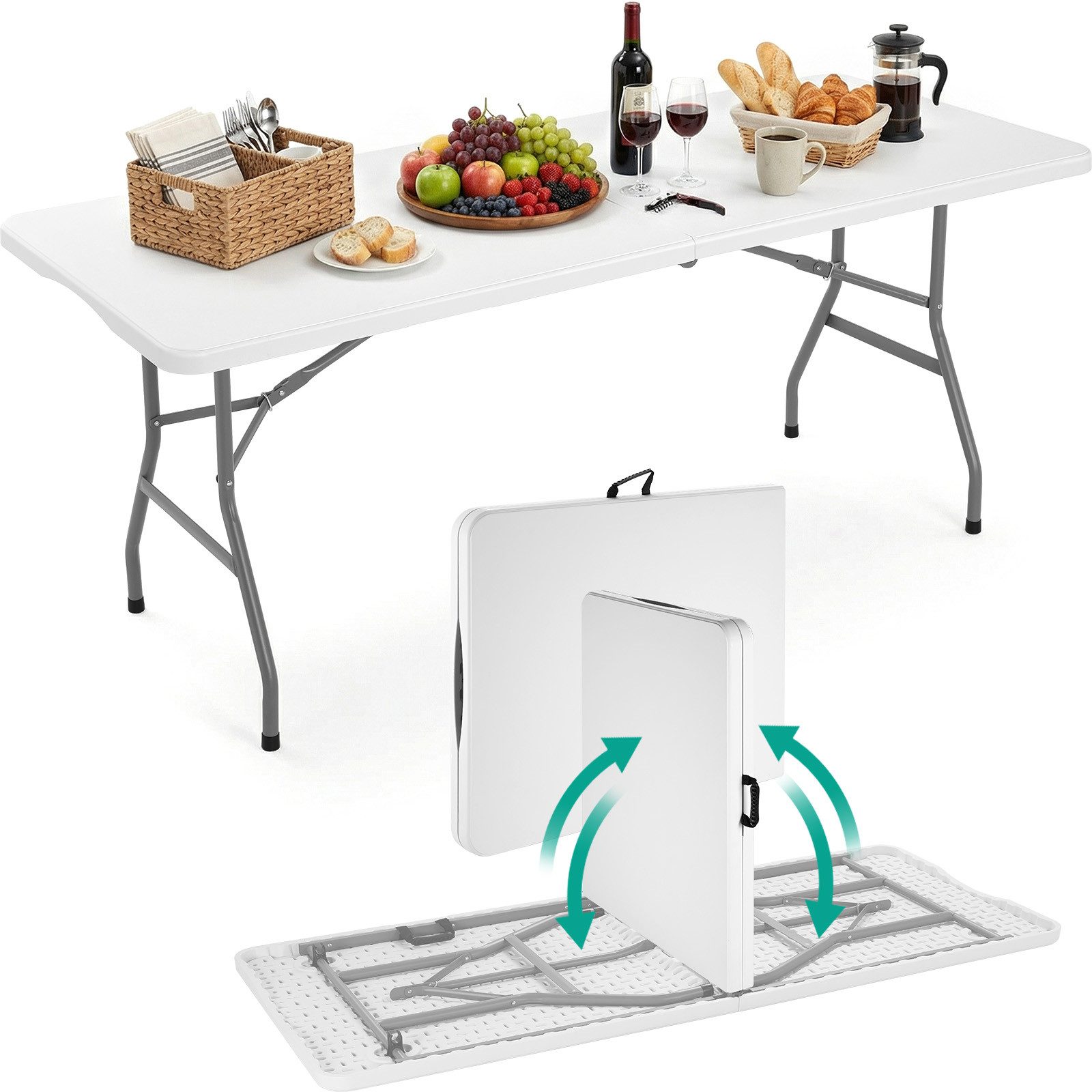 TLGREEN Gartentisch Klappbar 180x75x74cm, Buffettisch Kunststoff mit Rattan-Optik (Campingtisch Outdoor bis 150kg Belastbarkeit, Wetterfest Partytisch mit Tragegriff & Gummifüßen), Klapptisch für Garten/Terrasse/Balkon/Grillveranstaltung