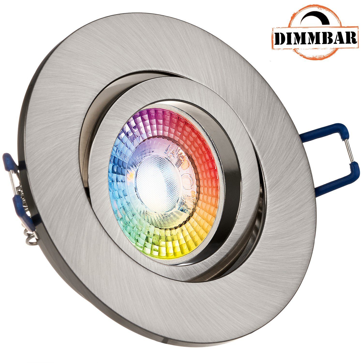 LEDANDO LED Einbaustrahler RGB LED Einbaustrahler Set extra flach in silber  gebürstet mit 3W LED von LEDANDO - 11 Farben + Warmweiß - inkl.  Fernbedienung - dimmbar - rund