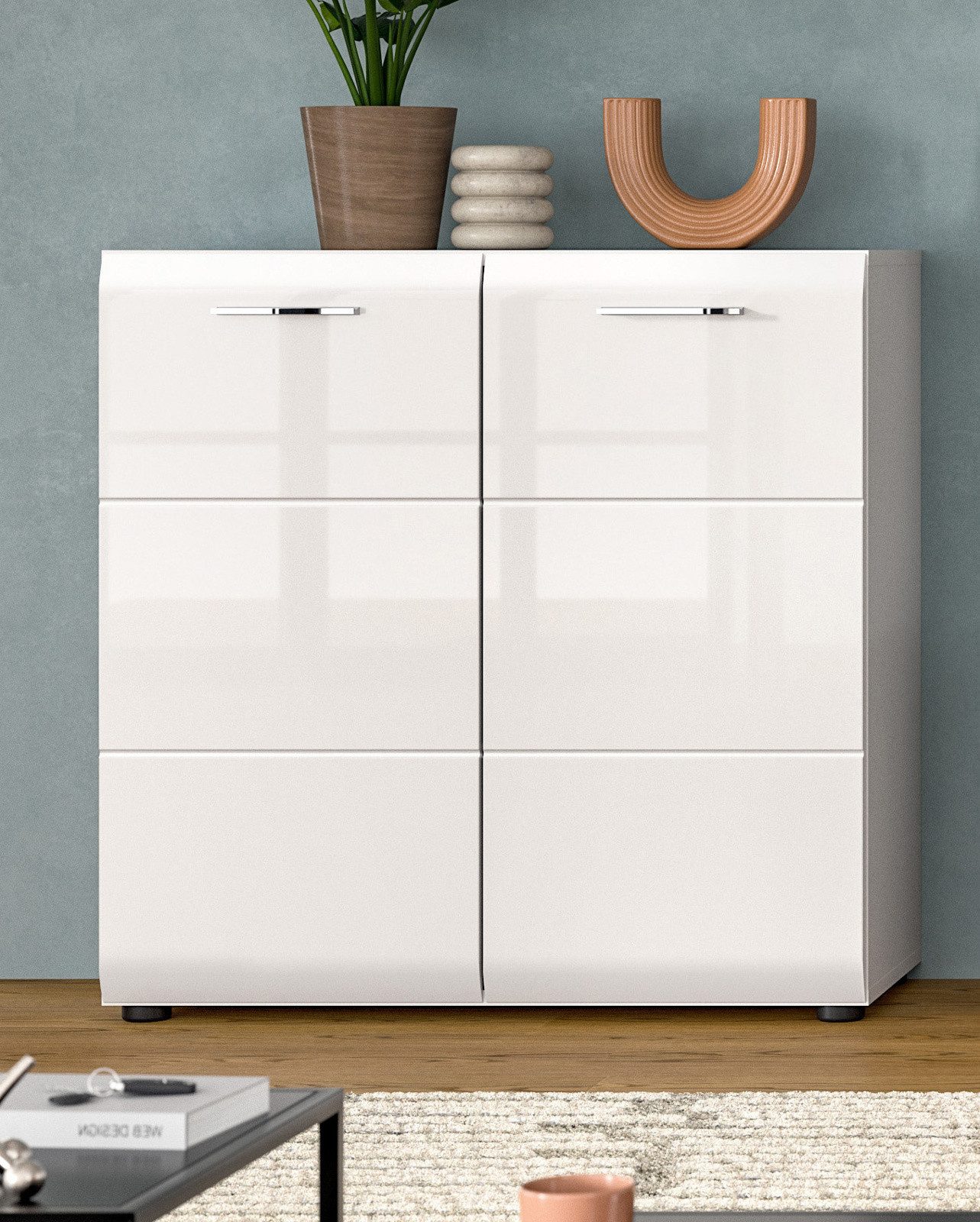 Inn.Furn Kommode Cover (Sideboard in Weiß Hochglanz, 2-türig, 80 x 81 cm), 3 große Staufächer – Bild 5 von 5