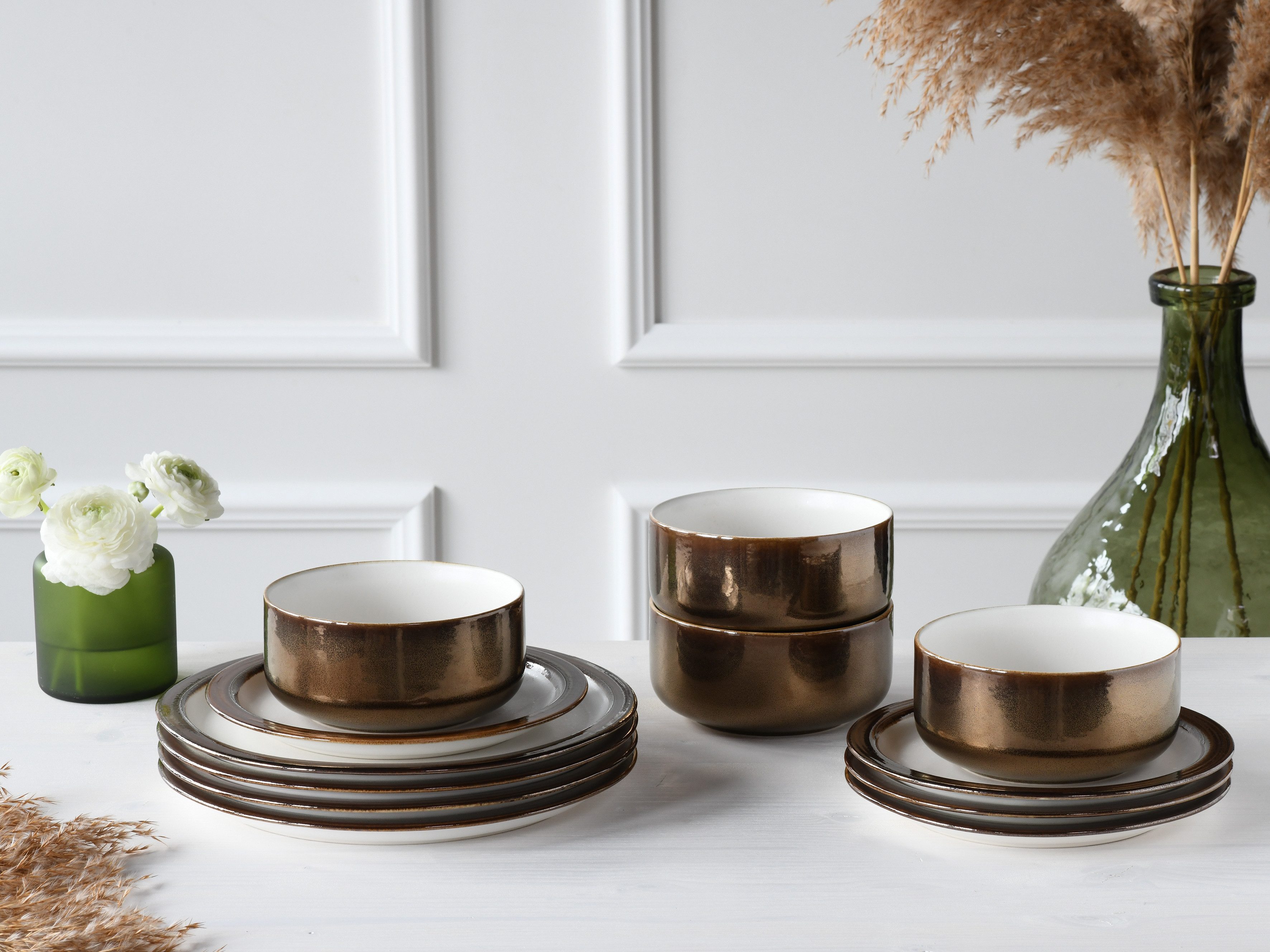 CreaTable Teller-Set Modern Industrial (12-tlg), 4 Personen, Steinzeug, Spezialglasur, glänzende Sprenkel, 12 Teile, für 4 Personen