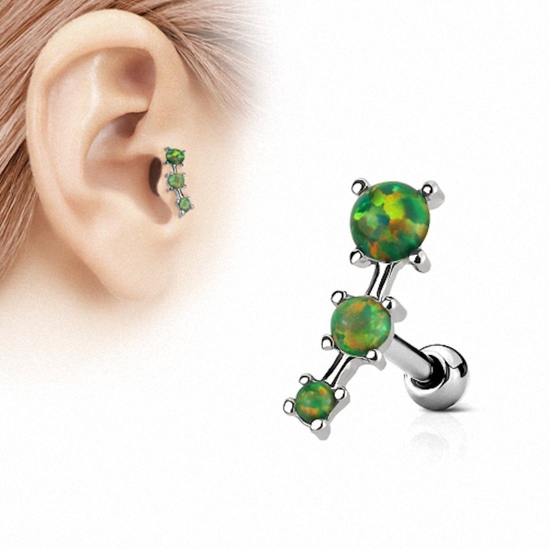 Opal Stecker 3 Taffstyle 3 Helixpiercing Opal mit Stecker Steinen Tragus Cartilage Knorpel Piercing Steinen, mit Grün Piercing-Set Helix Ohr