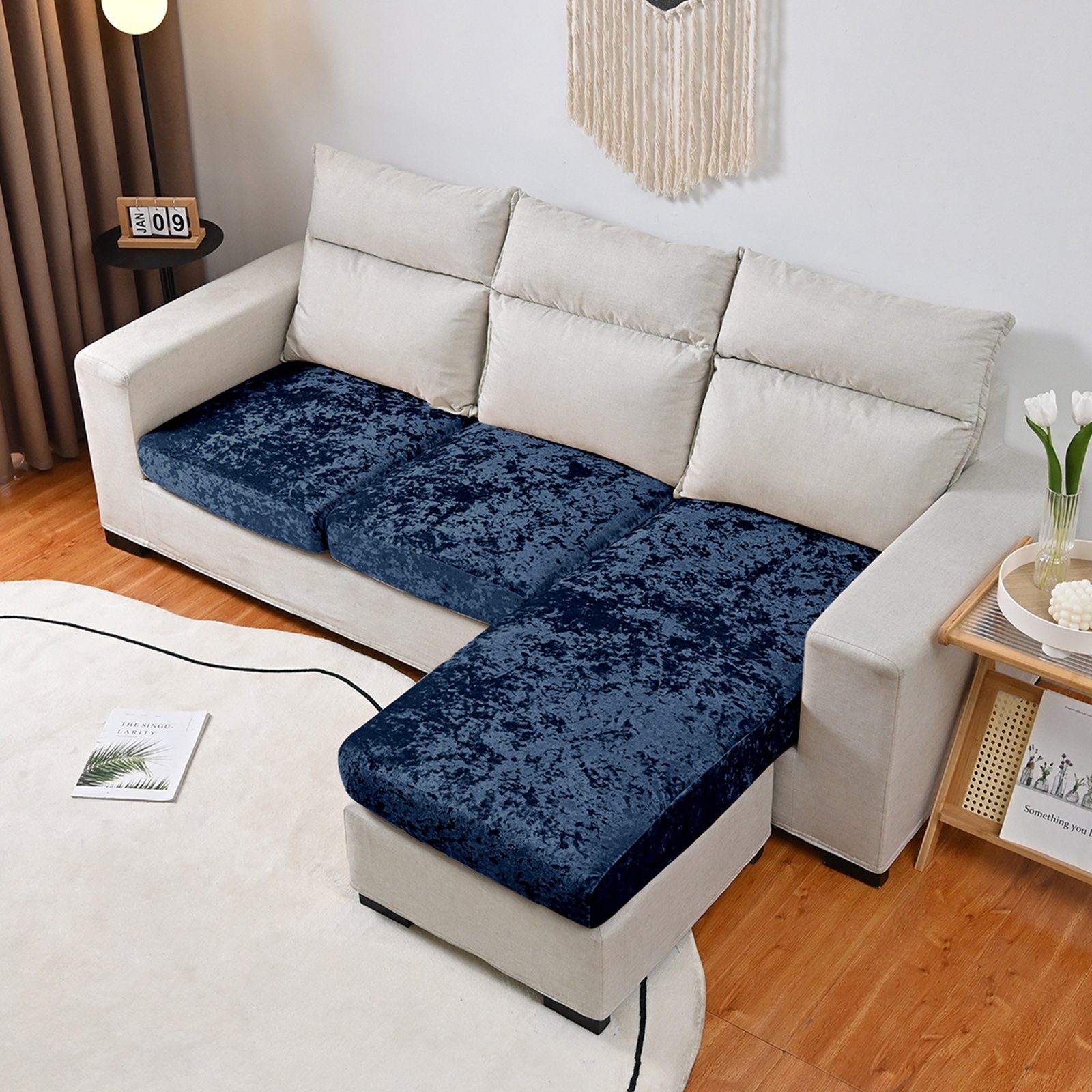 Sofahusse Samt-Sitzkissenbezug für 1-, 2-, 3-, 4-Sitzer, 8 Farben, BTTO, Elastic Stretch Sofasitzbezug mit Elastischer Unterseite Marineblau