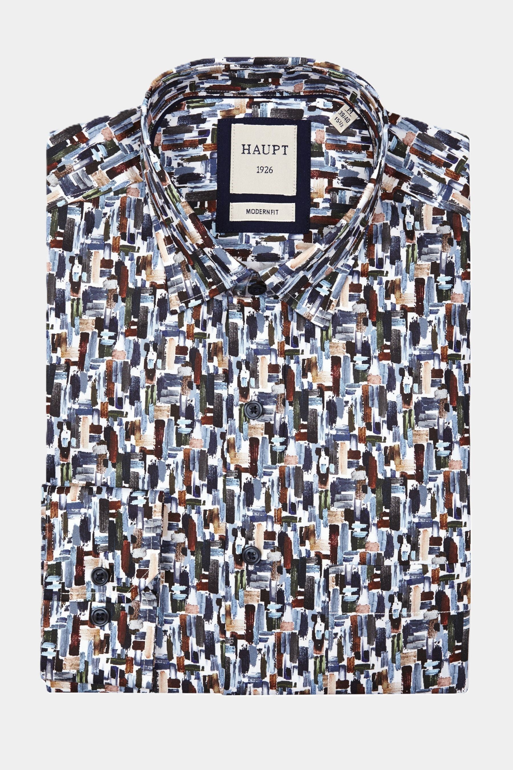 Haupt Langarmhemd Haupt Popelin Modern Fit Langarm Herrenhemd mit abstraktem Multicolor