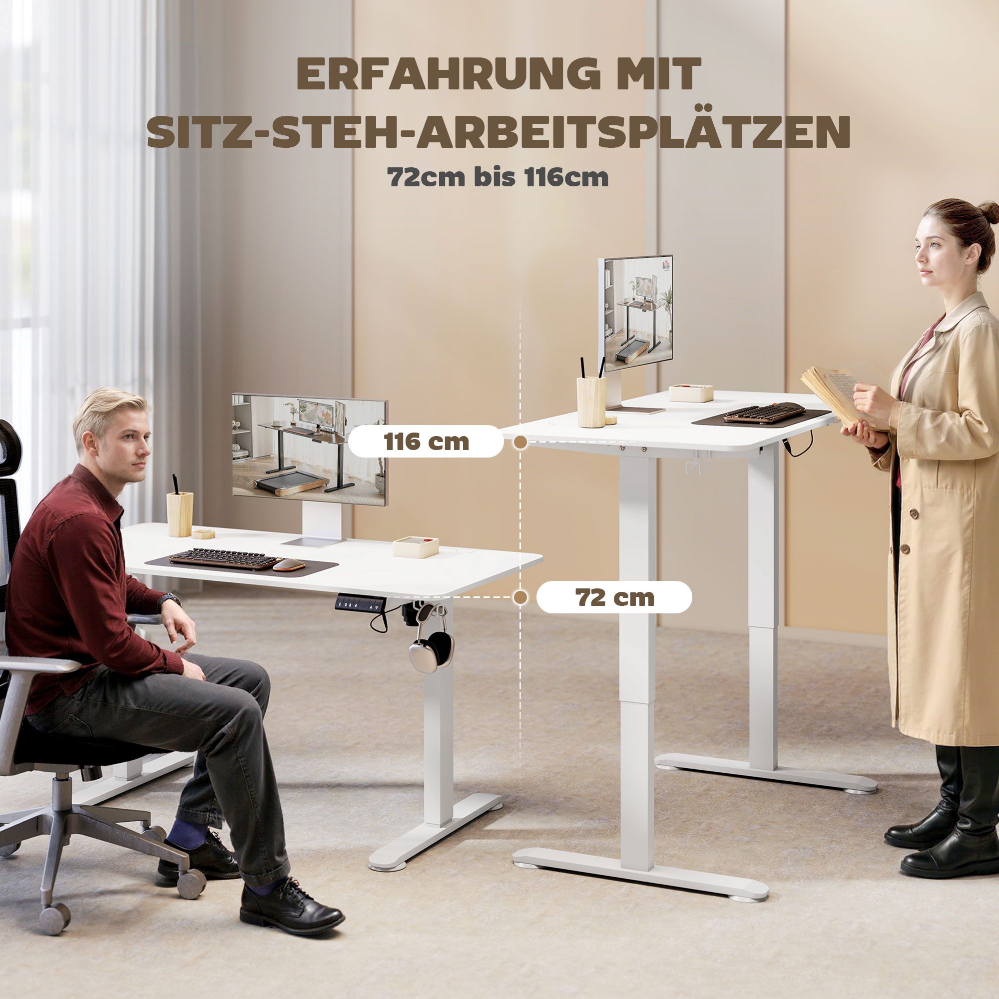Vinsetto Schreibtisch 140 x 70 cm Höhenverstellbar, Ergonomisch, Anti-Kollision (Laptoptisch, 1-St., Computertisch), für Wohnzimmer, Arbeitszimmer, Weiß – Bild 4 von 5