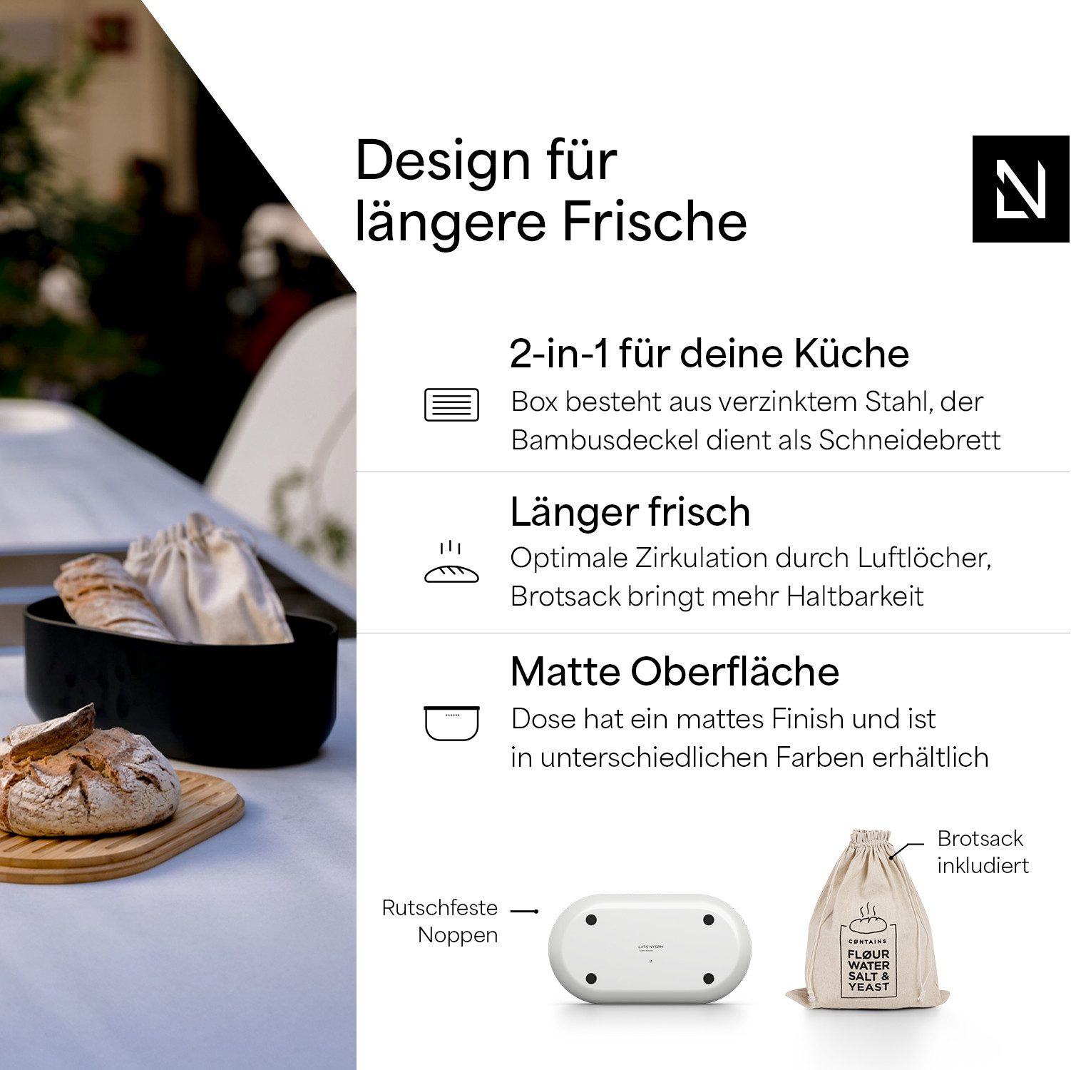 LARS NYSØM Brotkasten Ægte, (1-tlg), Brotkasten mit Schneidebrett-Deckel aus Bambus