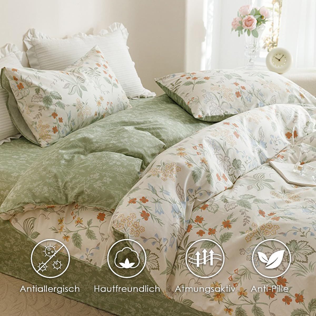 wohnTRAUM24 Bettwäsche Bettwäsche Pflanzenmuster,Wende Bettwäsche Set für Allergiker Geeignet, 135x200,200x200cm Bettbezug mit Reißverschluss und Kissenbezug 80 – Bild 5 von 5