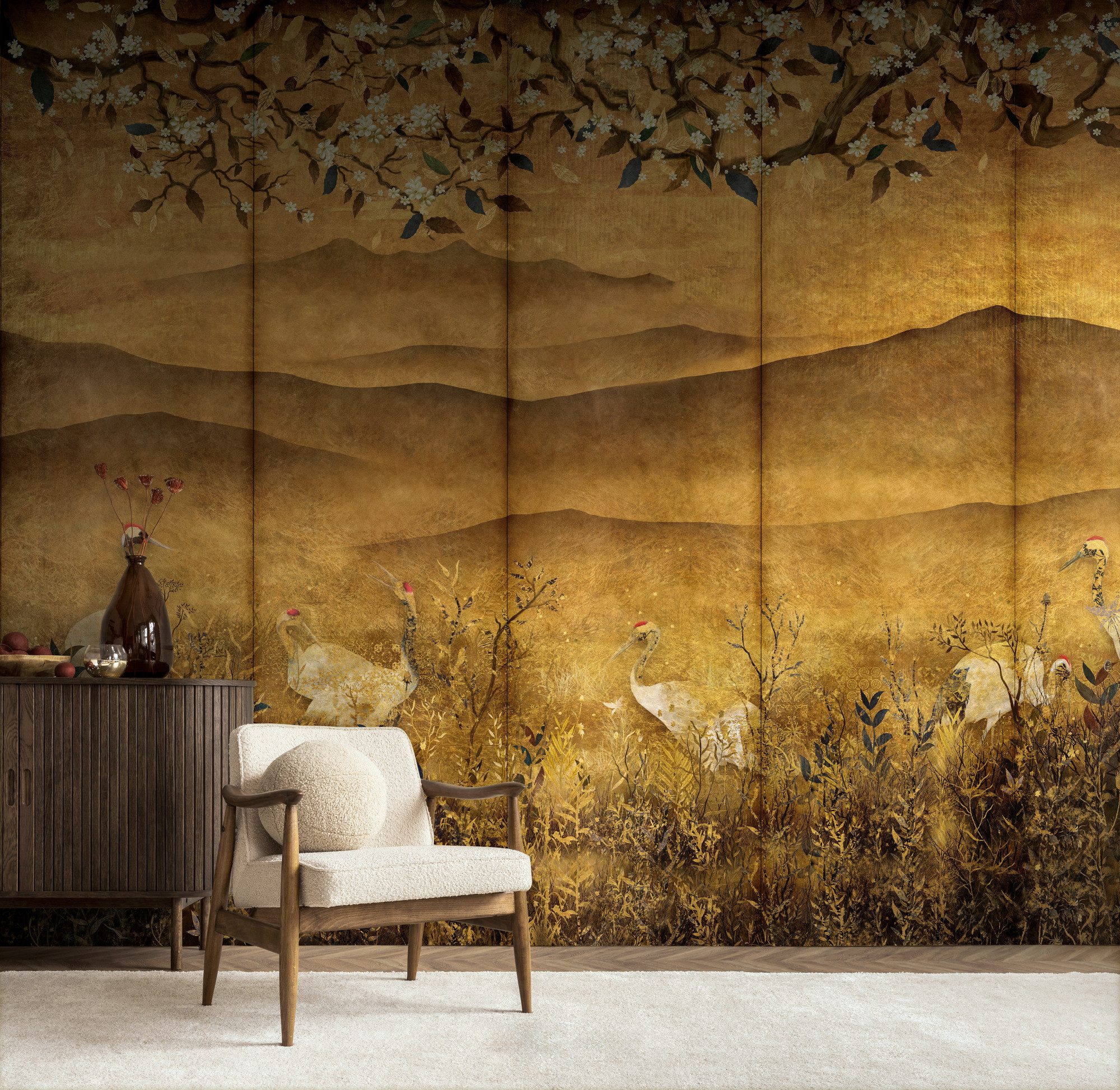 living walls Fototapete The Wall 4 Flowers – Goldene Berge mit Blüten und Vögeln Fototapete, leicht strukturiert, floral, matt, botanisch, (1 St), Goldene Berge mit Blüten und Vögeln – atmosphärischer Tiefe