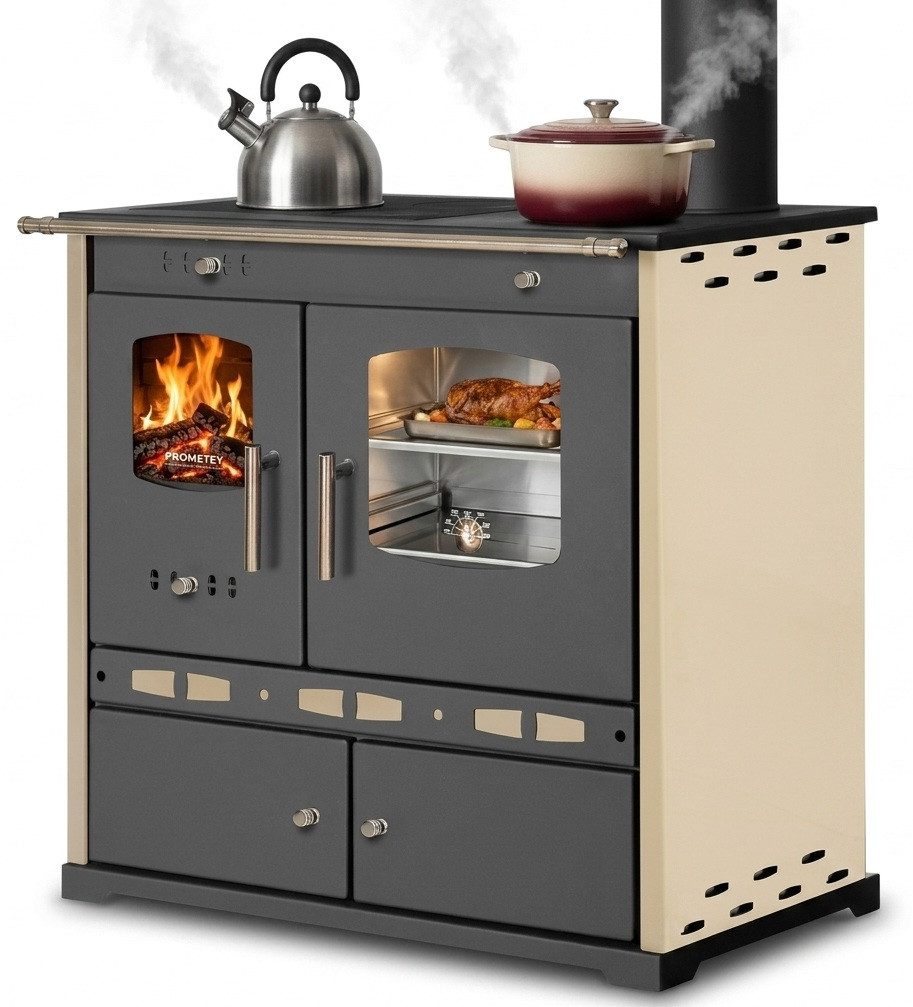 Prometey Festbrennstoffherd Holzherd ECO LUX INOX, Edelstahlbackfach, creme, rechte Version, 7,1 kW