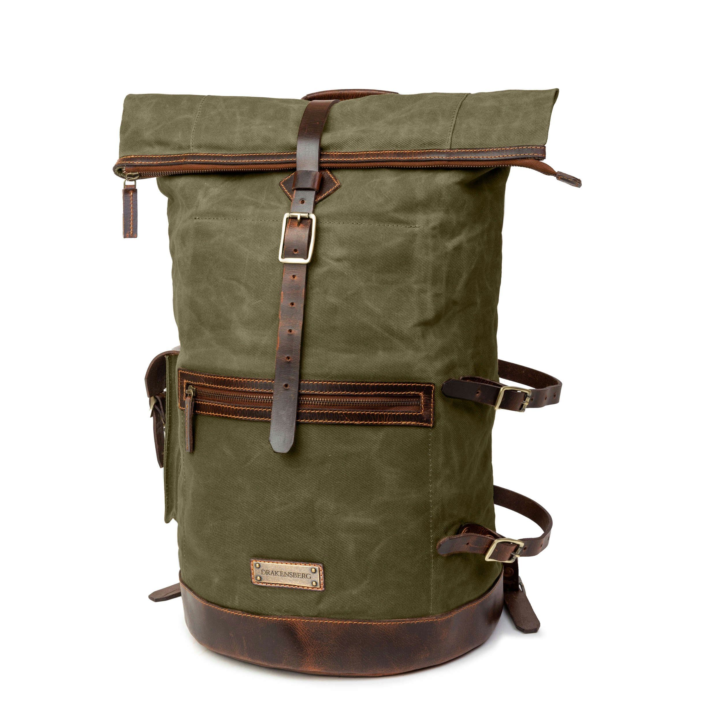 DRAKENSBERG Rucksack Seesack »Dale« Wald-Grün, wetterfester großer Vintage Rucksack aus gewachstem Canvas und Leder