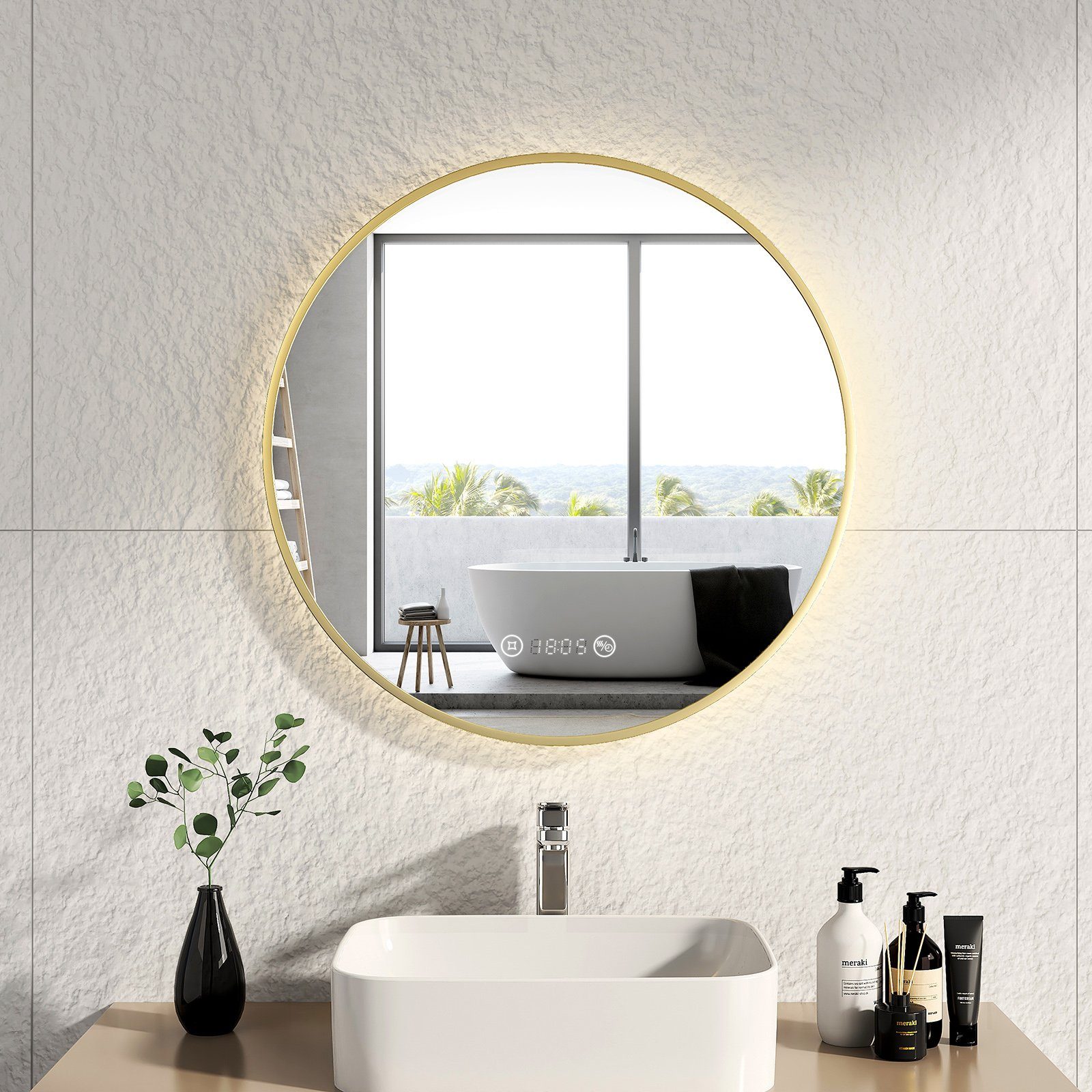 EMKE Badspiegel EMKE LED Badspiegel Rund Spiegel mit Beleuchtung Gold, mit Touch, Antibeschlage, Uhr, Temperatur, Dimmbar, Memory-Funktion