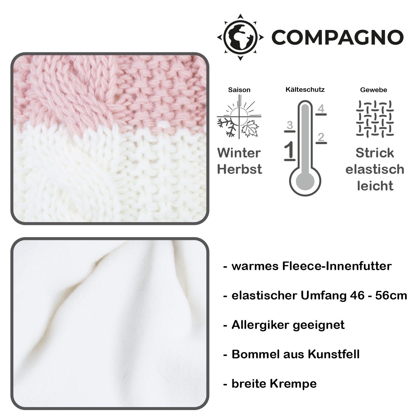 compagno Winter Damen hellgrau Wintermütze Beanie Strickmütze Mütze (1-St) Herren Bommelmütze