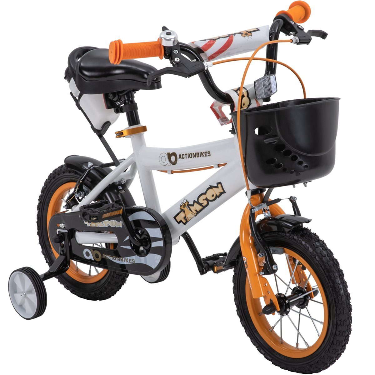 Actionbikes Motors Kinderfahrrad Jungs Mädchen Kinder Fahrrad Timson inkl. Fahrradkorb & Trinkflasche, 1 Gang, ohne Schaltung, (12 Zoll, ab 95 cm Körpergröße, max. Zuladung 35 kg, Stützräder, Klingel, Trinkflasche inkl. Halterung, Reflektoren, Antirutschgriffe, 1-tlg., V-Brake-Bremsen, Luftbereifung, Schutzbleche, weiß / orange / schwarz), höhenverstellbares Bike Jungen Mädchen Kinderrad ab 2 Jahre