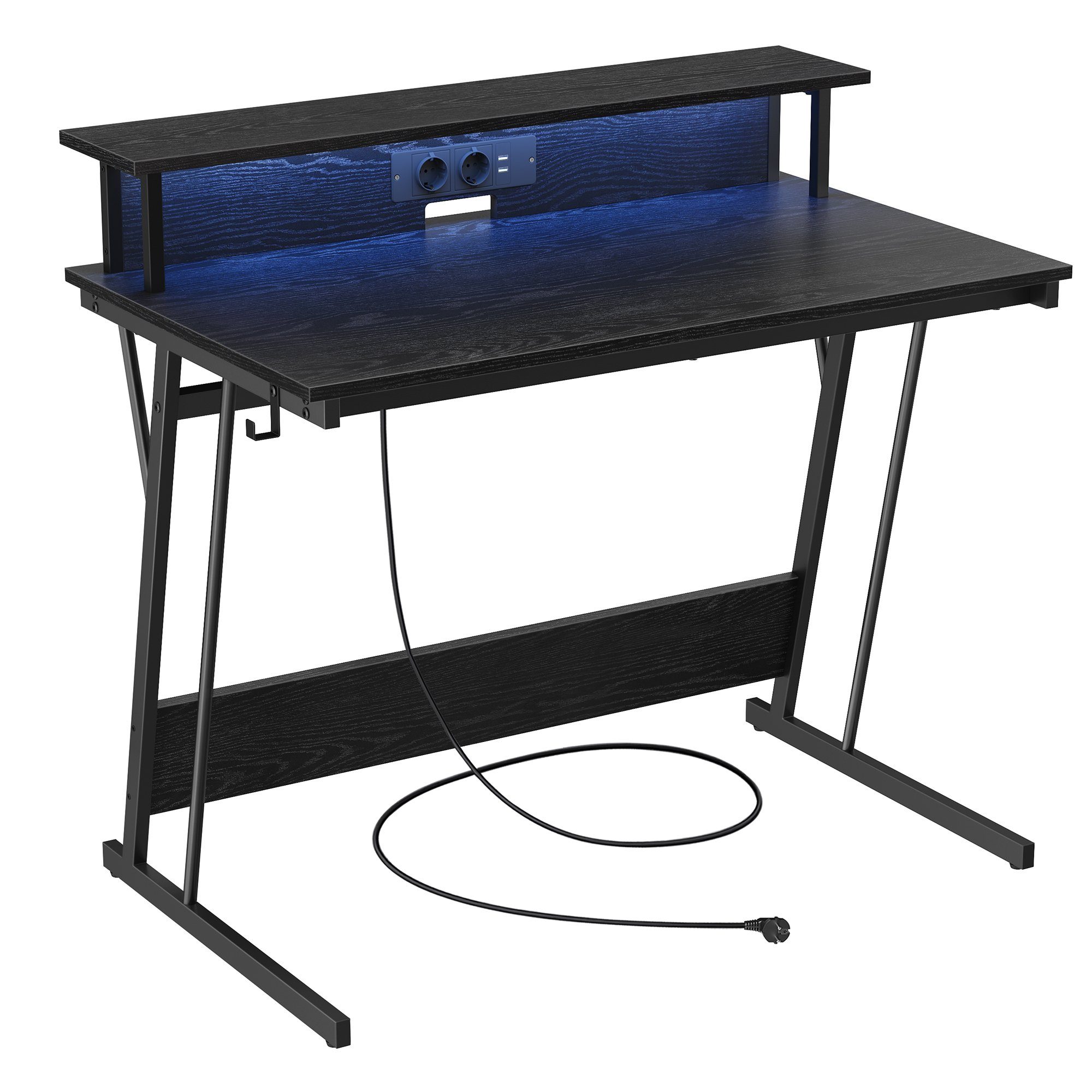 VASAGLE Schreibtisch, mit eingebauter Steckdosenleiste,LED-Beleuchtung