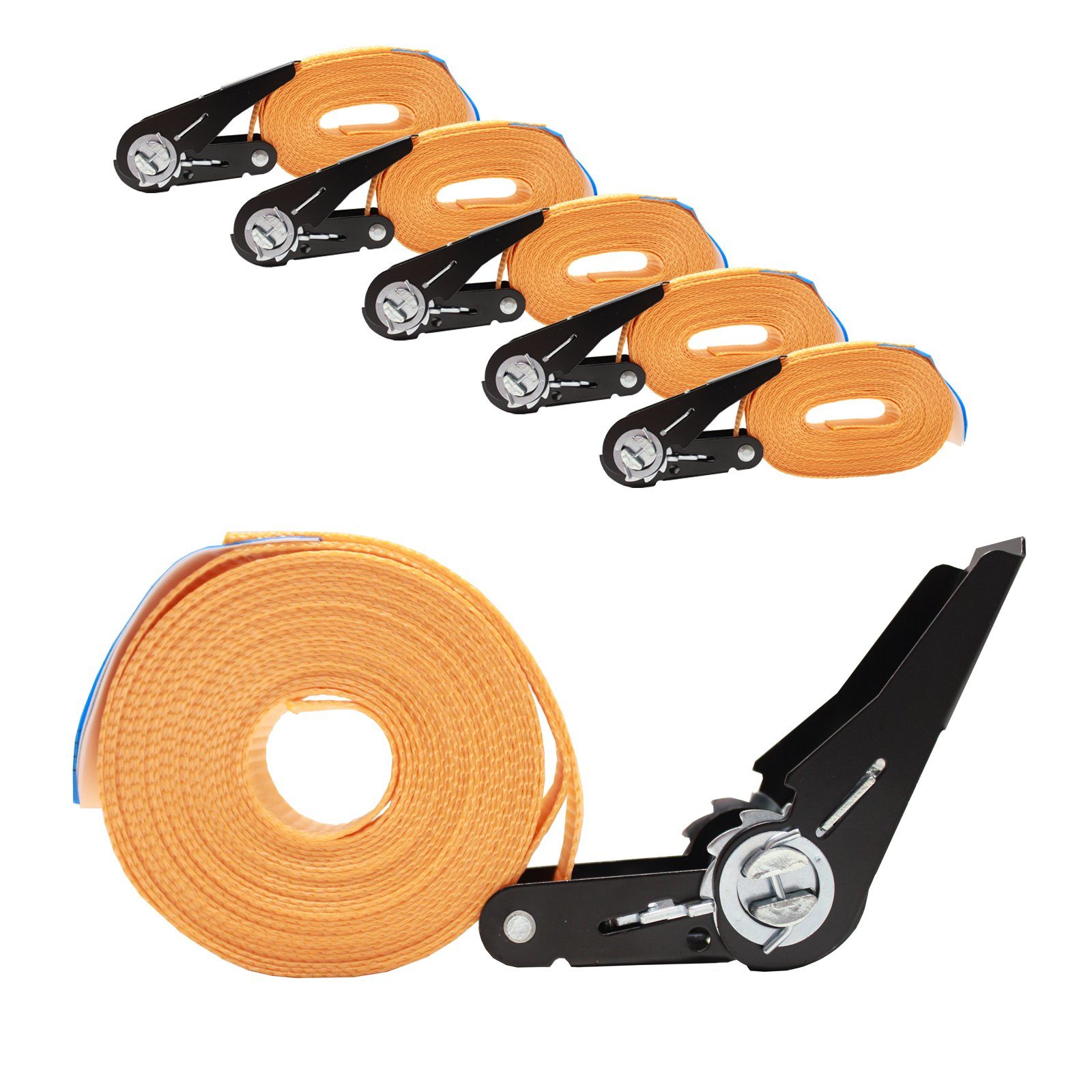 Spanngurt 5x Spanngurt mit Ratsche 6m einteilig 800kg 0,8t orange