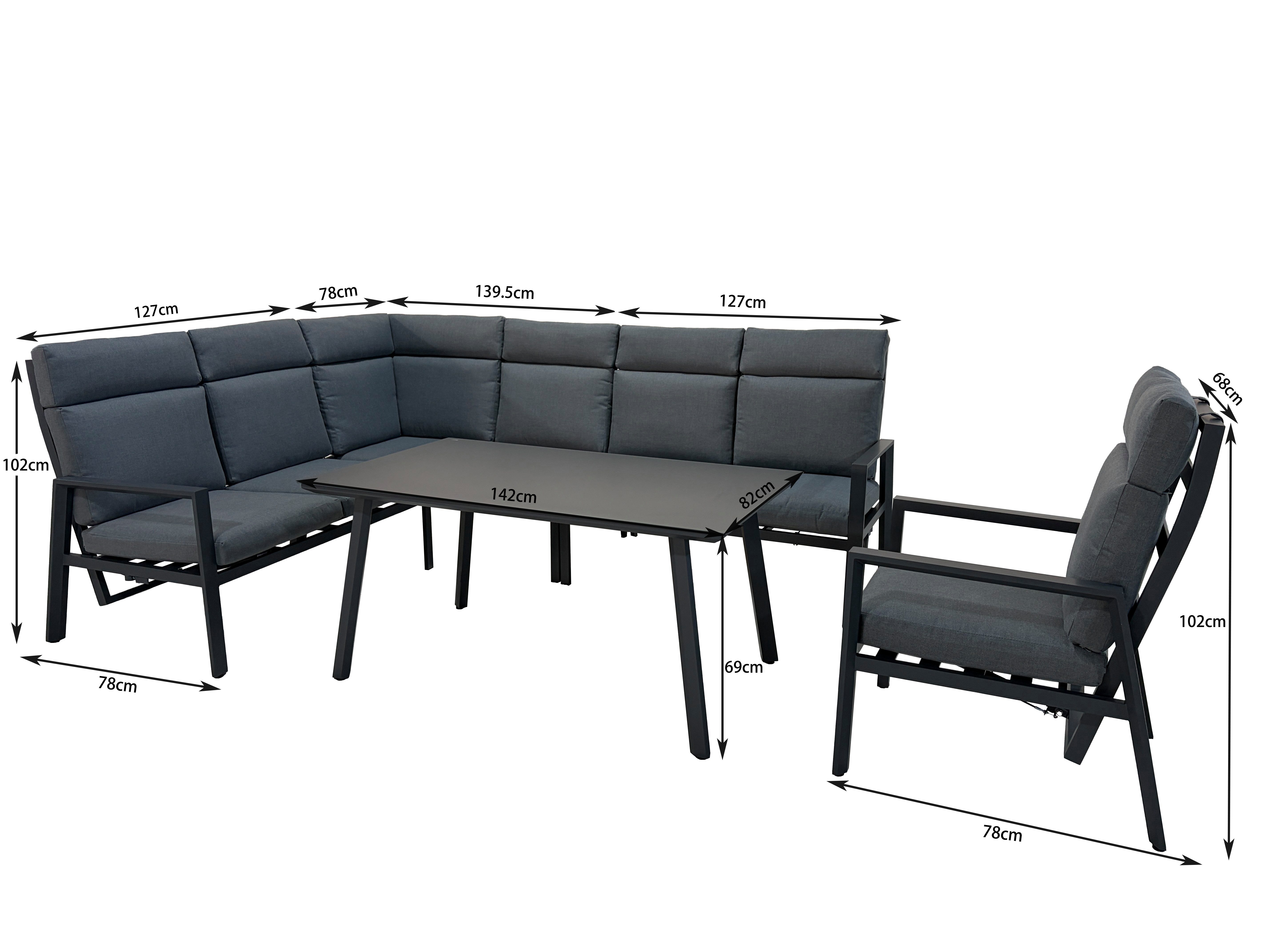 Gardissimo Gartenlounge-Set Lugano Dining Ecklounge Set, (Spar-Set, 3-tlg., 1 Eckelement + 1 Sessel + 1 hoher Tisch), mit stufenlos verstellbaren Rückenlehnen