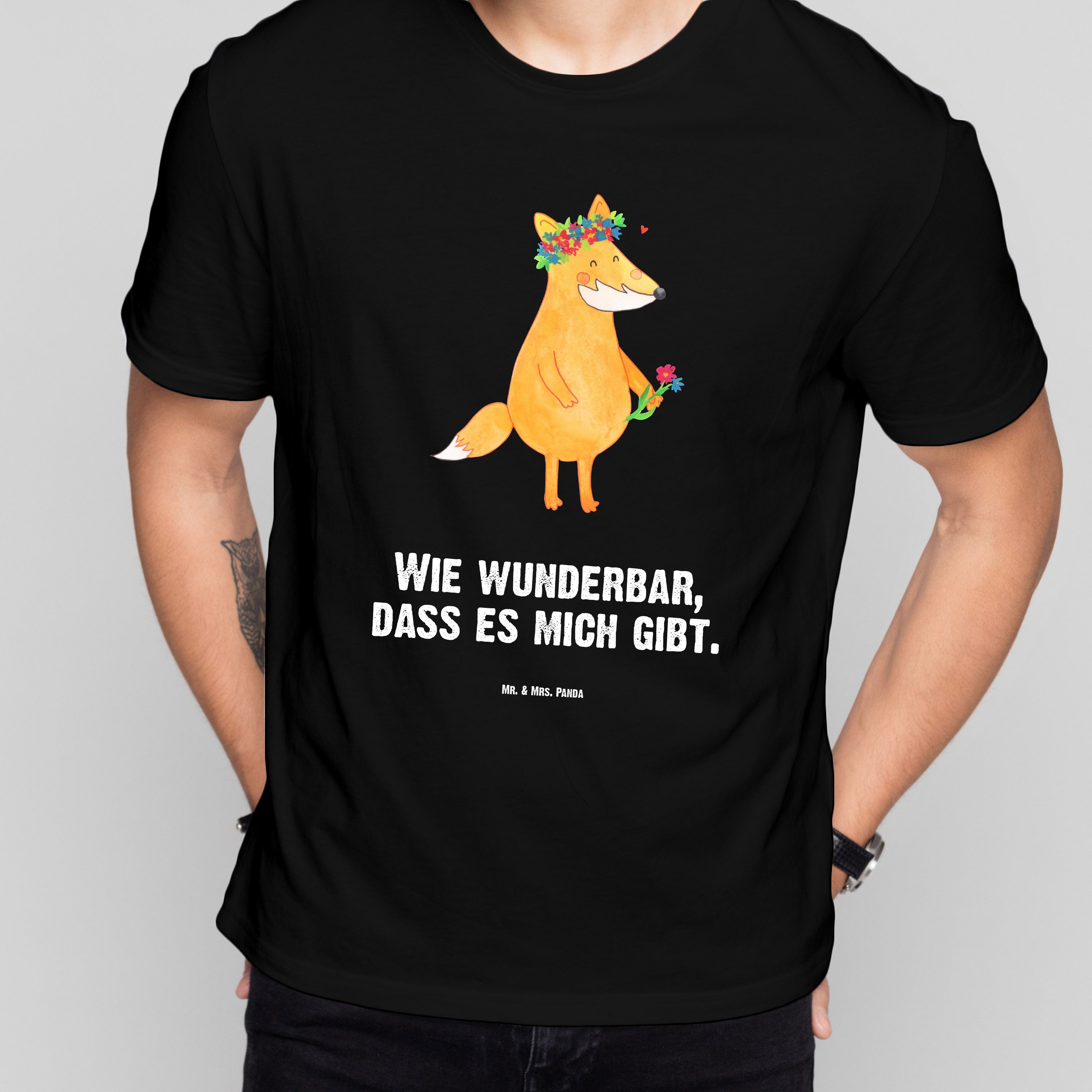 Mr. & Mrs. Panda T-Shirt Fuchs Blumen, Größe L T-Shirt, Schwarz, Selbstbewusst, Blumen, Fox, I (Packung) Blumenkranz Selbstbewusst Blumenmädchen