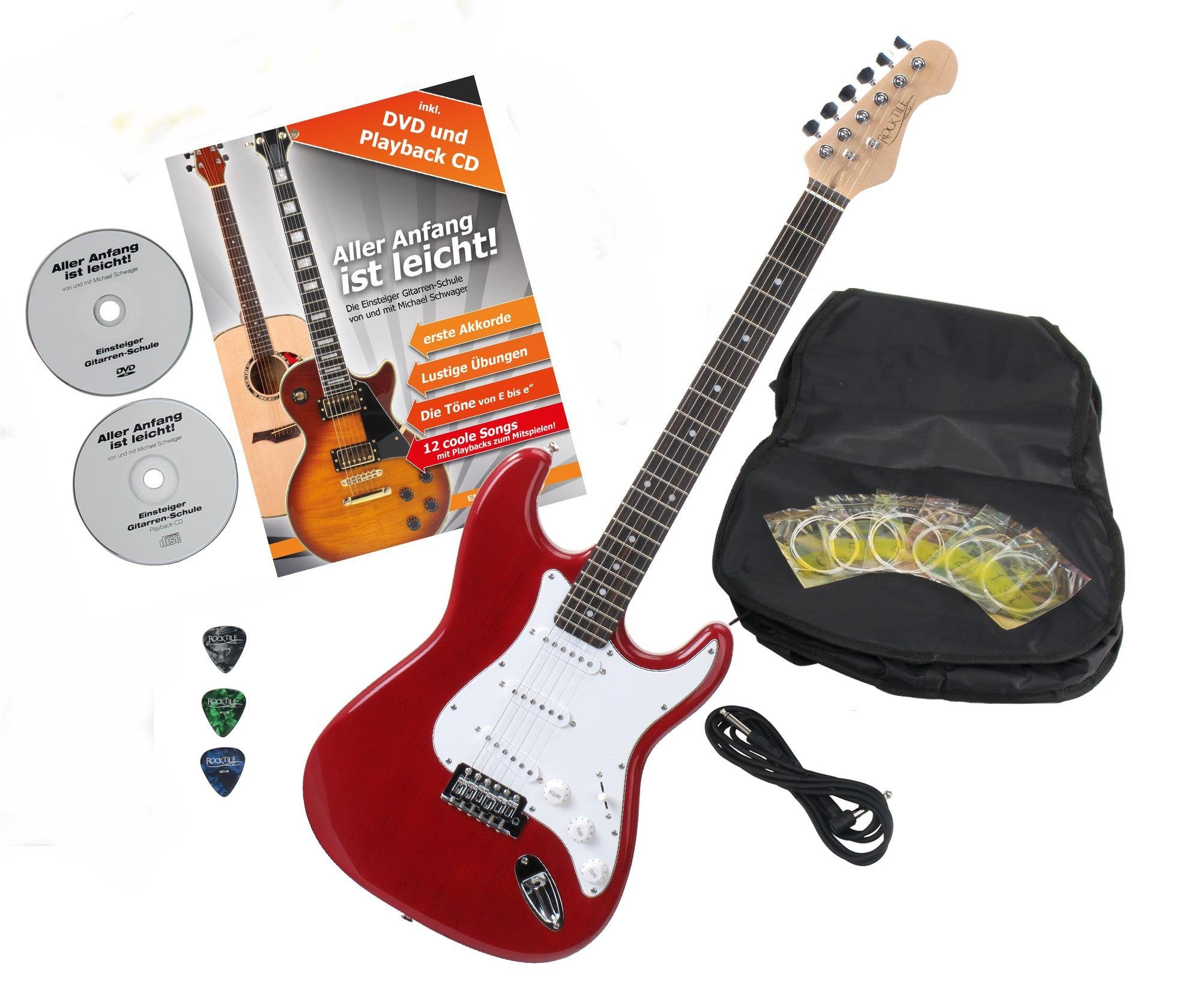 Rocktile E-Gitarre "Sphere Classic" elektrische Gitarre, ST-Style, Anfängerset, 6-St., inkl. Kabel, Tremolohebel, Gigbag, Ersatzsaiten Plektren und Schule, 3x Single Coil Tonabnehmer, 21 Bünde, Engineering Wood Griffbrett