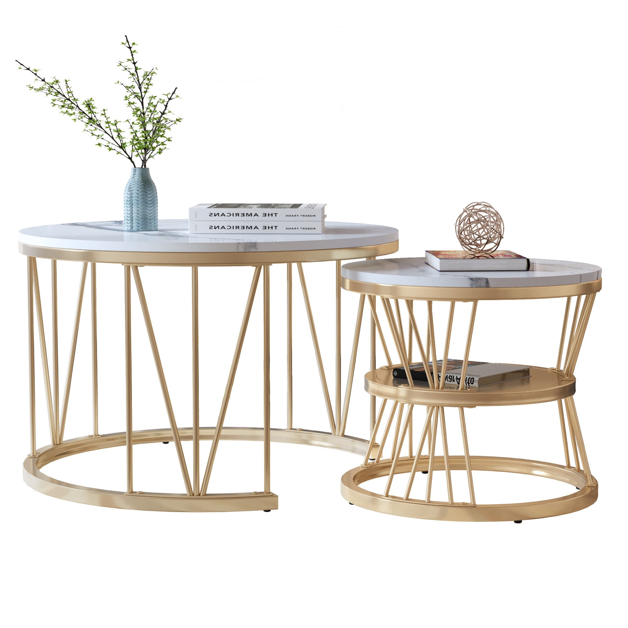 NMCXXO Couchtisch Elegantes 2er Set Couchtische aus Metall und Marmor (2-St., Platzsparendes stapelbares Design), Moderne, robuste Beistelltische im industriellen Design.