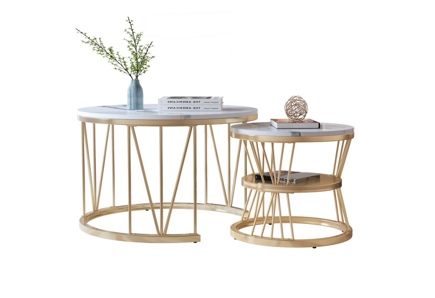 NMCXXO Couchtisch Elegantes 2er Set Couchtische aus Metall und Marmor (2-St., Platzsparendes stapelbares Design), Moderne, robuste Beistelltische im industriellen Design.