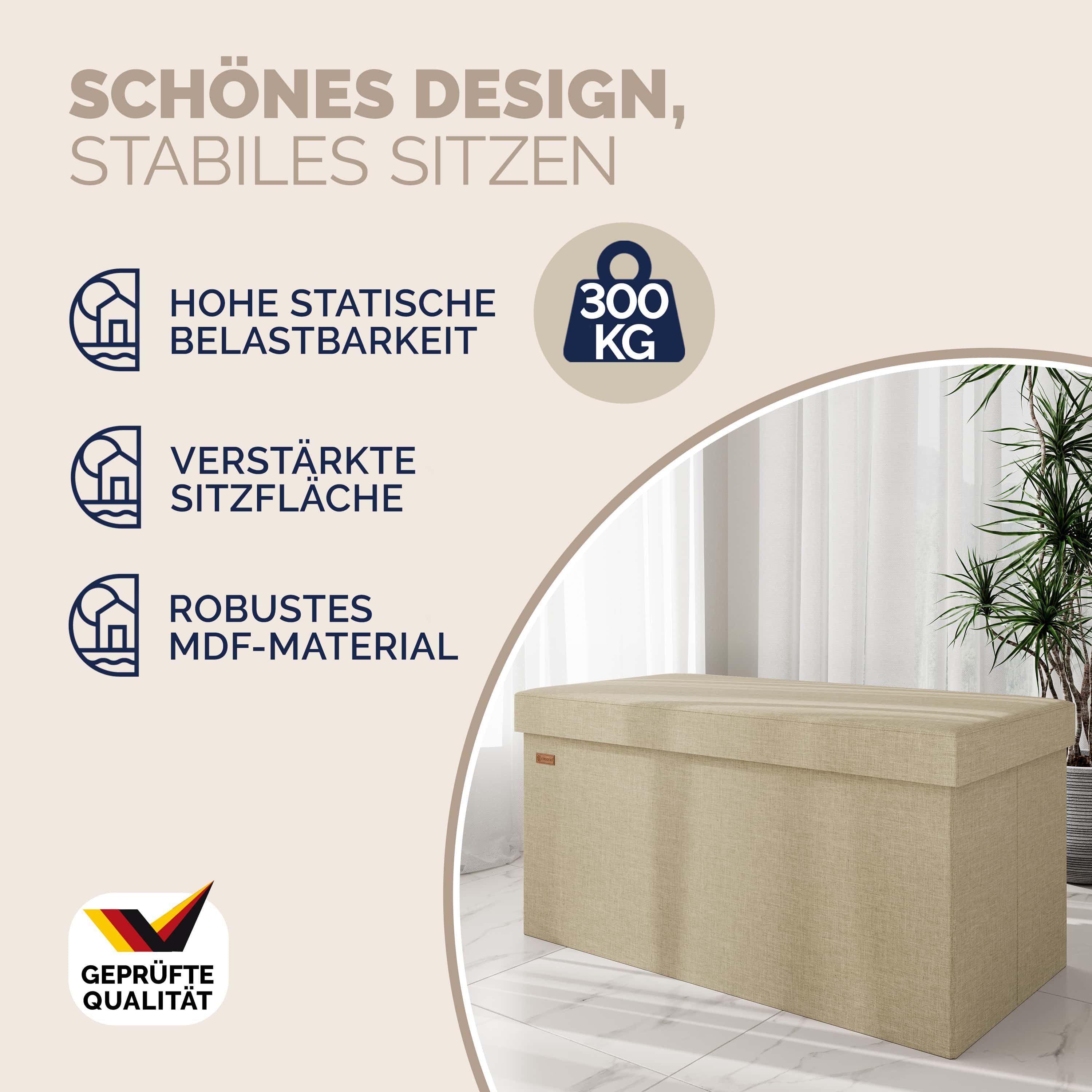 Casaria Sitzbank, mit Stauraum Faltbar Beige 80x40x40cm Gepolstert Deckel Stoff Stabil