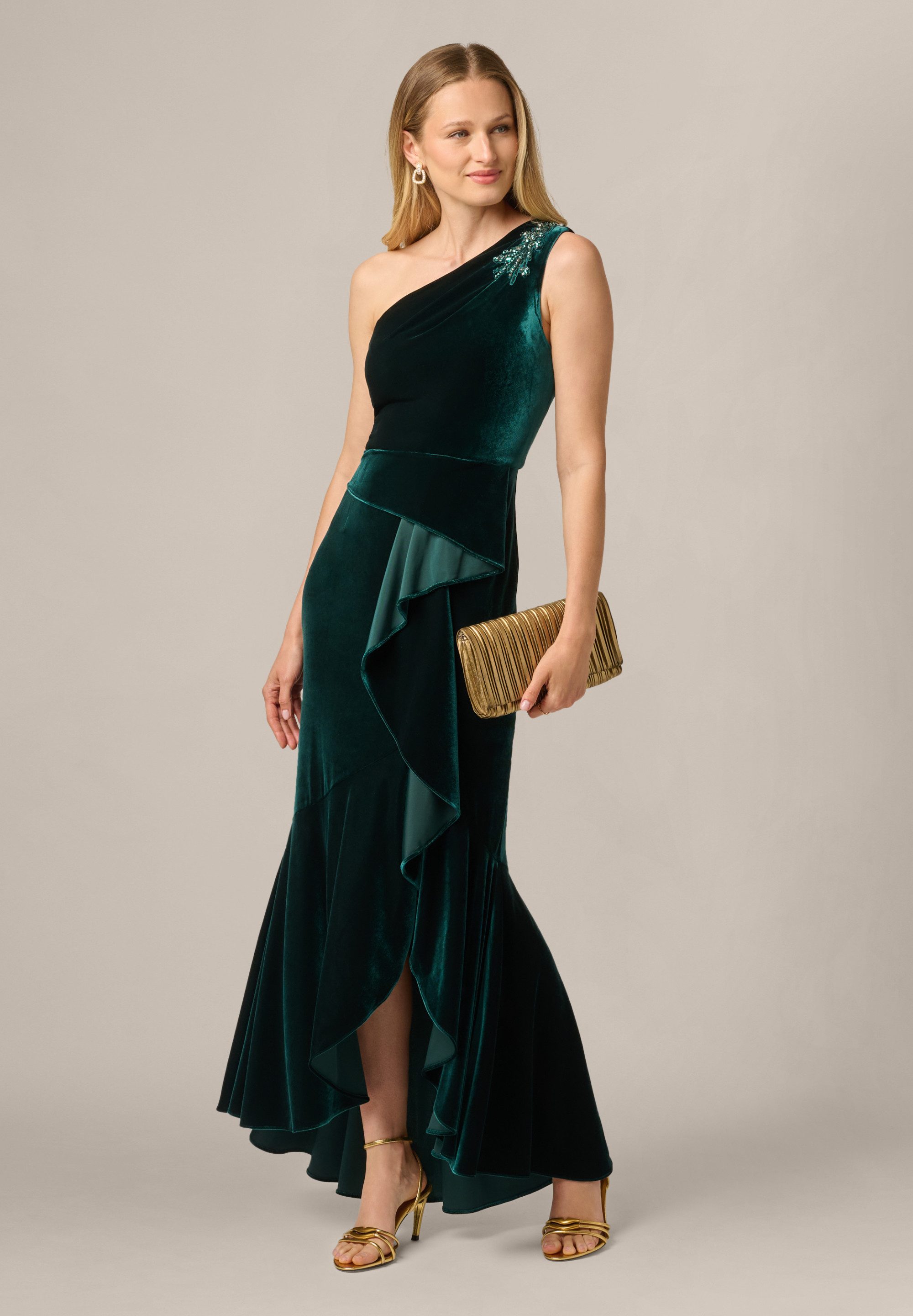 Adrianna Papell Abendkleid One Shoulder Velvet Dres Opulentes Abendkleid aus Samt im Meerjungfrauen-Stil – Bild 3 von 5