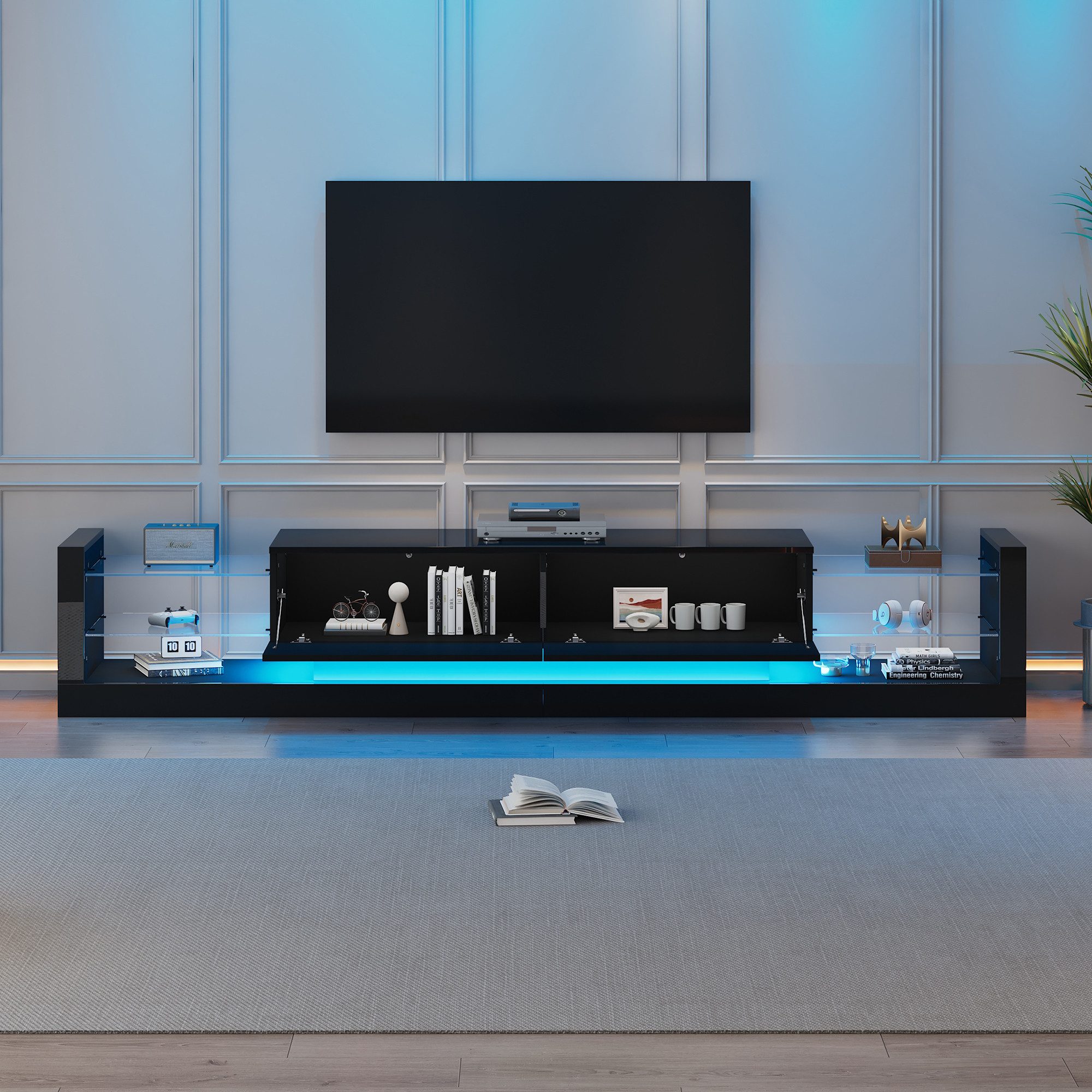 STILVORA Wohnzimmer-Set mit LED-Licht,TV-Schrank TV-Regal Hochglanz mit Glasfront&Klapptüren, (TV-Board, Fernsehtisch, TV-Ständer, 1-St., zwei klapptür), für Fernseher bis 80 Zoll