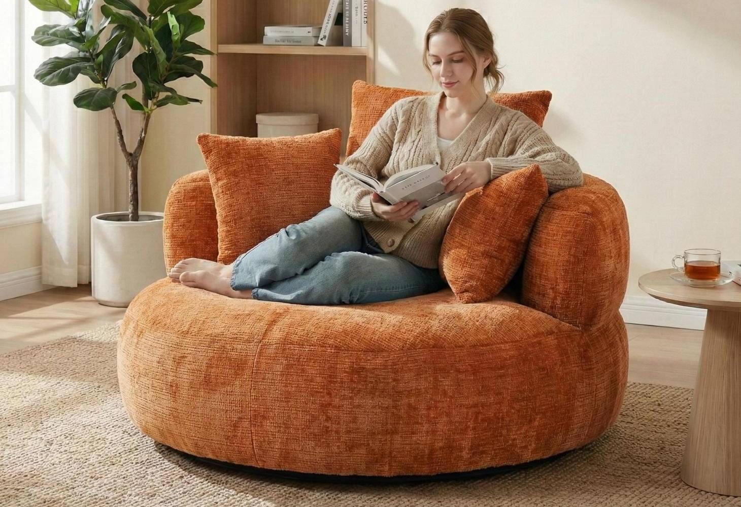 LVHOM Sitzsack 108x108x52cm Chenille Premium Sofa mit 3 extra Kopfkissen (Kuschelig & Atmungsaktiv, Einzelsitzer-Lounge, komplett komprimiert geliefert. Perfekt für Ruhe, Lesen, Gaming & Nickerchen. Ideal für Wohnzimmer, Schlafzimmer, Spielzimmer & Office, Belastbar bis 150kg. Nettogew. 20,5kg), Memory Foam Split, Selbstaufrichtung <3 Tage, Maximaler Liegekomfort