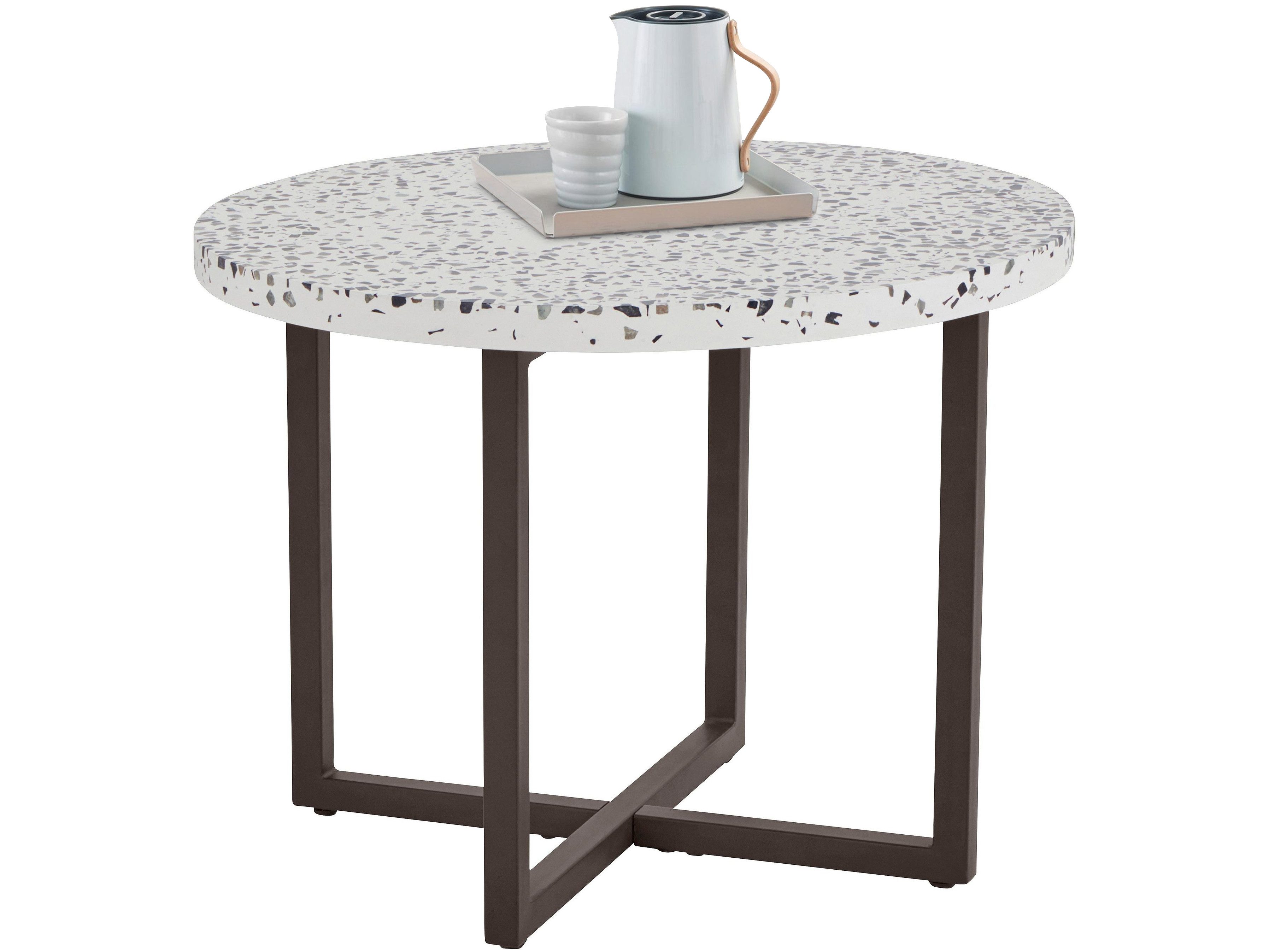 loft24 Beistelltisch Stanley, Wohnzimmertisch rund, Terrazzo Tischplatte weiß, Metallgestell