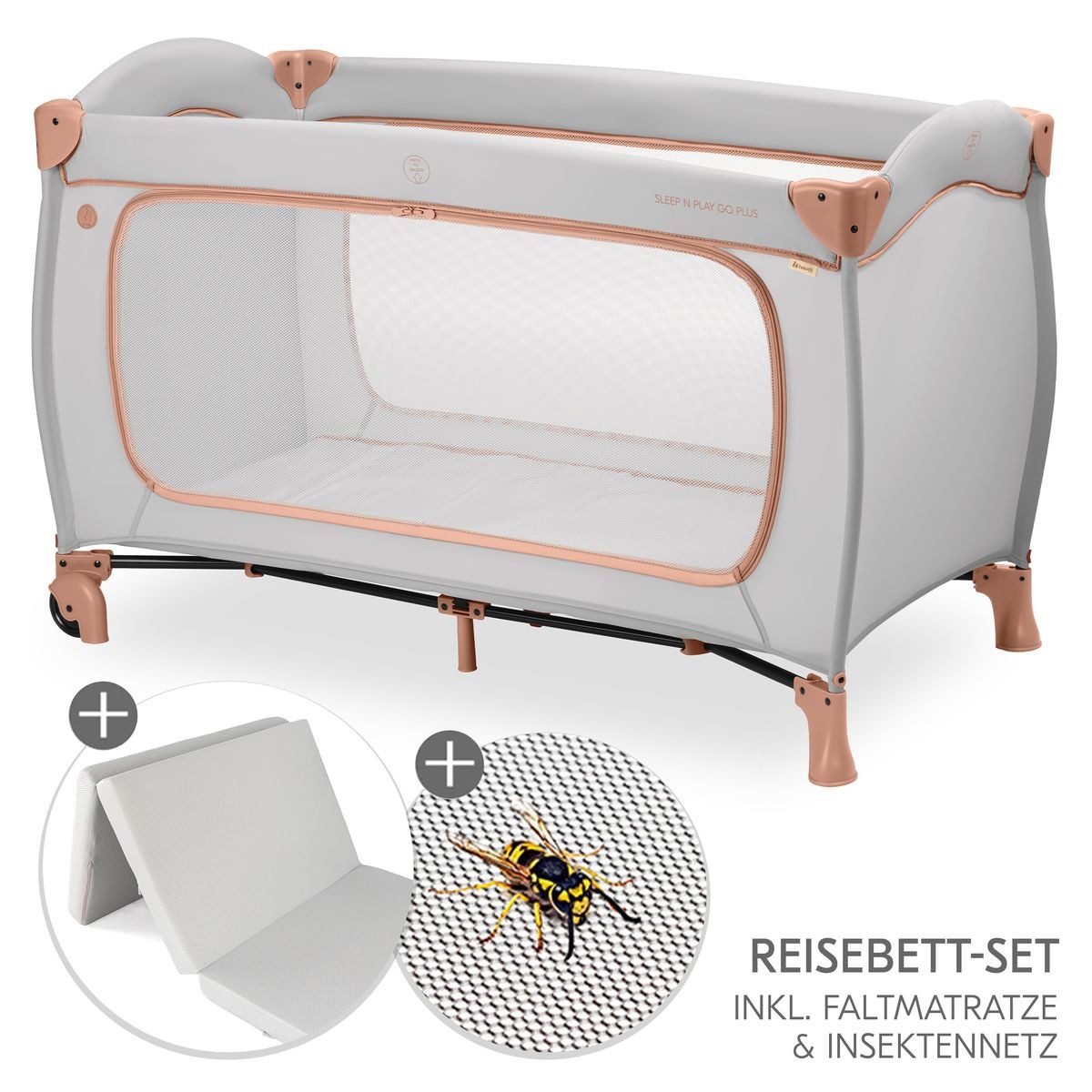 Hauck Baby-Reisebett Sleep N Play Go Plus Set - Dusty Cork, Baby Kinder Reisebett mit Eingang, Matratze, Insektenschutz & Rollen