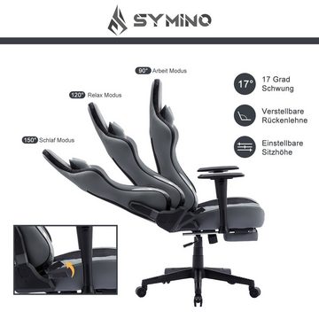 symino Gaming-Stuhl Ergonomischer Bürostuhl aus PU-Leder mit 3D-Armlehnen und Fußstütze, hoch atmungsaktiv, verstellbare Armlehnen und Rückenlehne, Grau