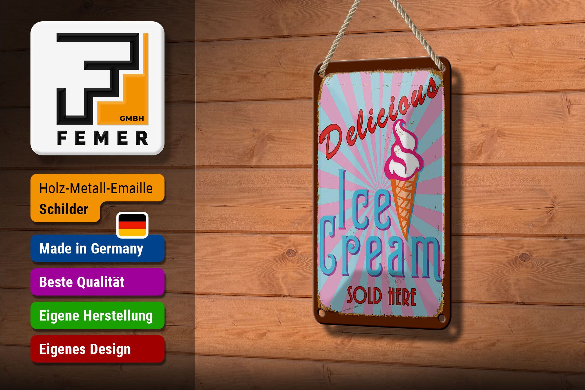 Femer GmbH Metallschild Reklame 12x18 cm Delicious Ice Cream sold here, (1 St), gewölbte Oberfläche, abgerundete Ecken, umgeschlagene Kanten