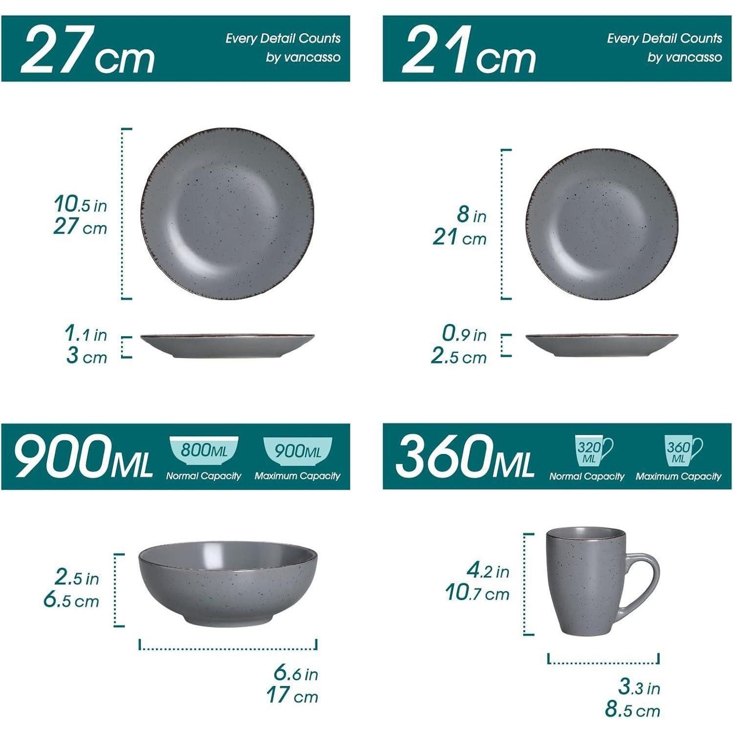 LuxusKollektion Kombiservice Tafelservice Steingut 16teilig Tassen Teller grau 16 Piece Set Grau