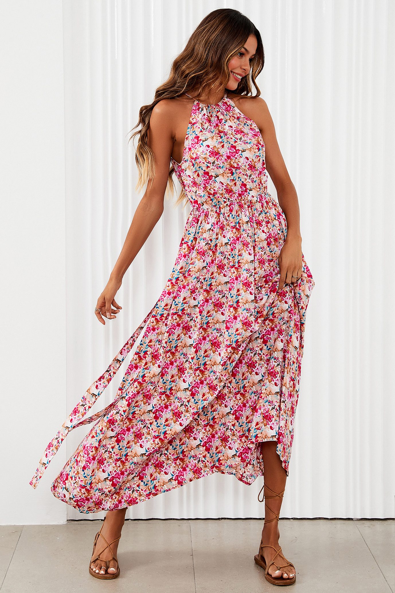 FS Collection Maxikleid Damen Maxikleid Sommerkleid Trägerkleid Ärmellos (XS (EU:36 / UK:8) · S (EU:38 / UK:10) · M (EU:40 / UK:12) · L (EU:42 / UK:14) · XL (EU:44 / UK:16), 5 Farben : Weiß-Pink, Pink, Grün, Marineblau, Offwhite-Grün) Bindegürtel, floraler Print, fließender Fall, Trägerdesign