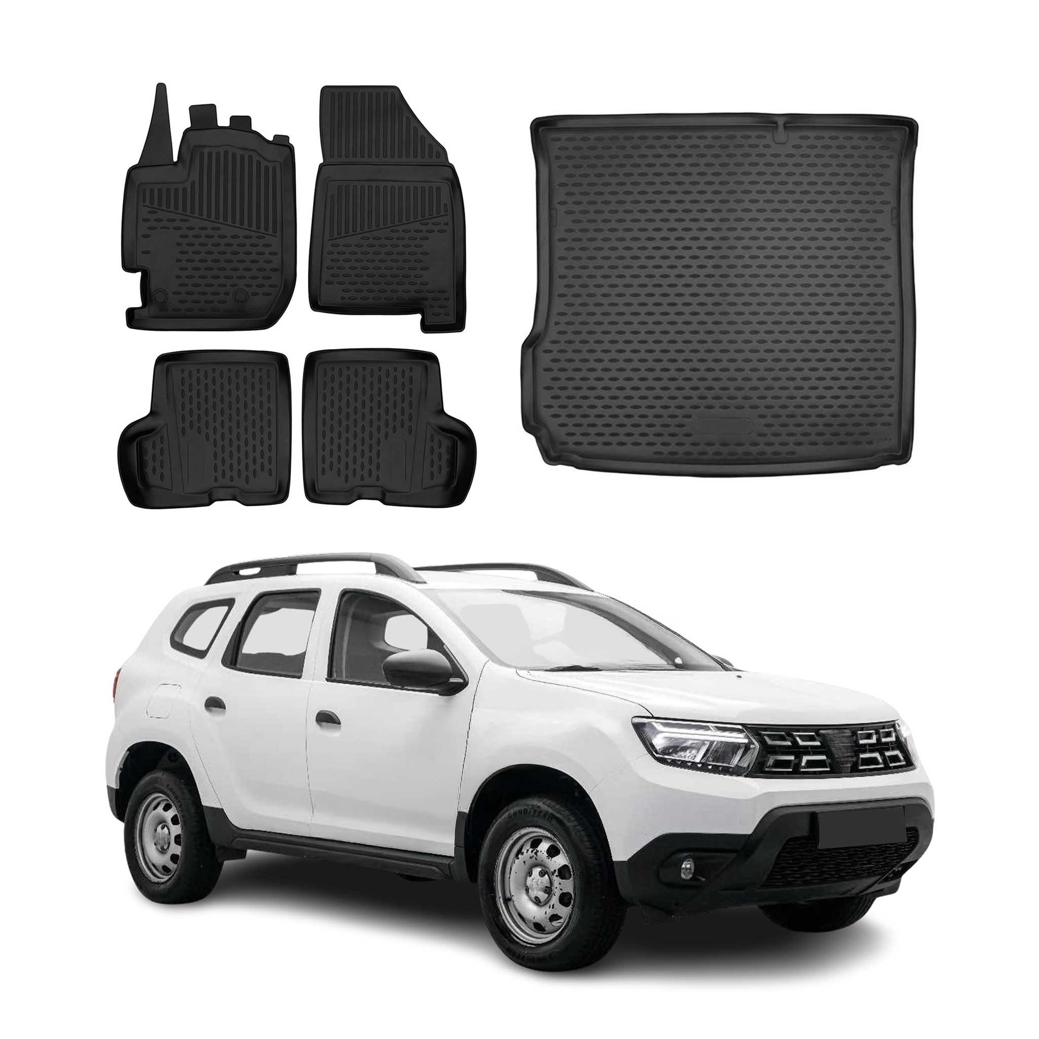 Auto-Fußmatten Kofferraumwanne Set für Dacia Duster 2017-2024 Gummi TPE Schwarz 5x