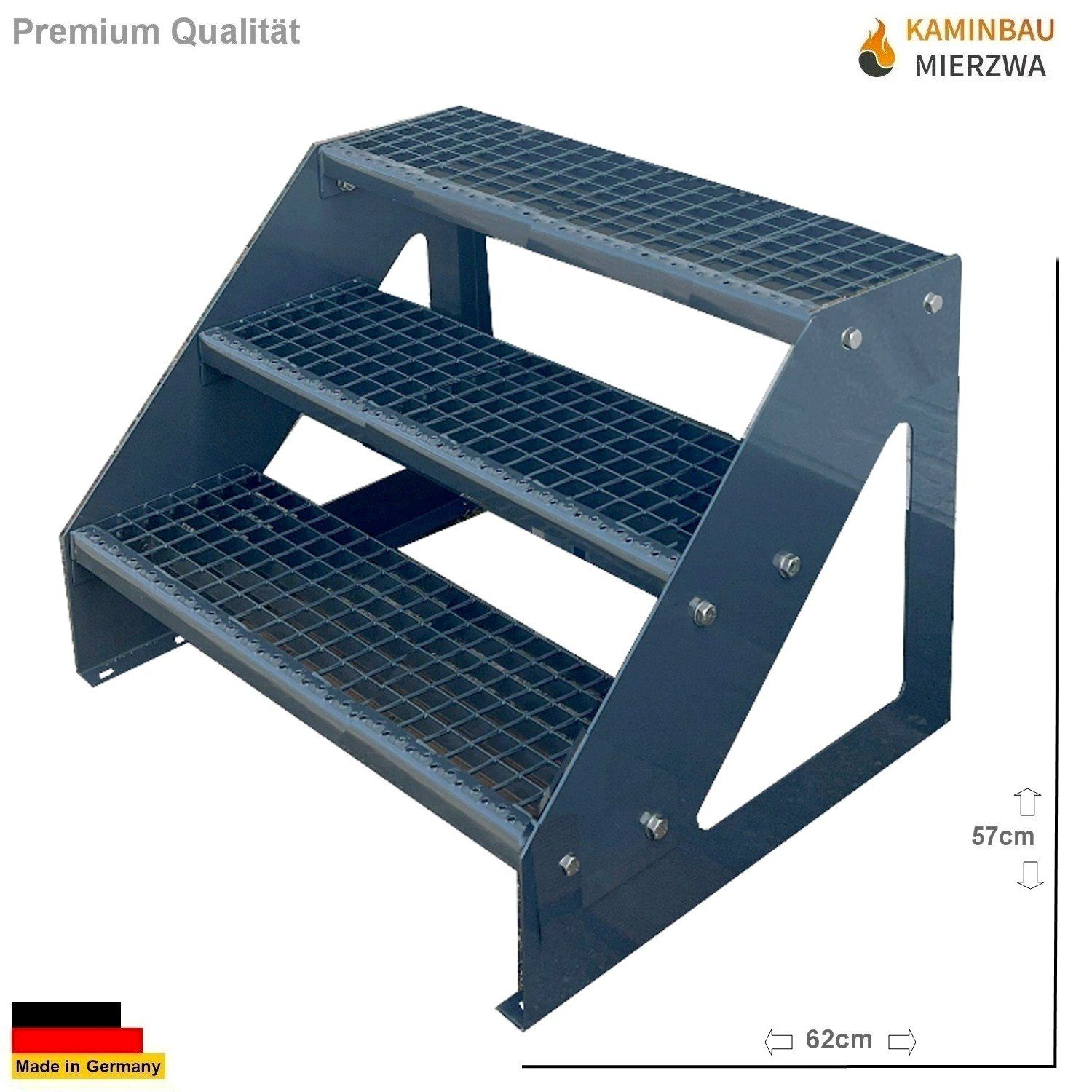 Kaminbau Mierzwa Außentreppe Premium Treppe Anthrazit mit oder ohne Geländer, für Geschosshöhen bis 57.00 cm, Stufen Gitterroststufen nach DIN 24531, (Höhe 57 cm, Stufenbreite und Geländerart wählbar), Gartentreppe Stahltreppe Wetterfest Rostfrei Feuer-Verzinkt Rutschfest