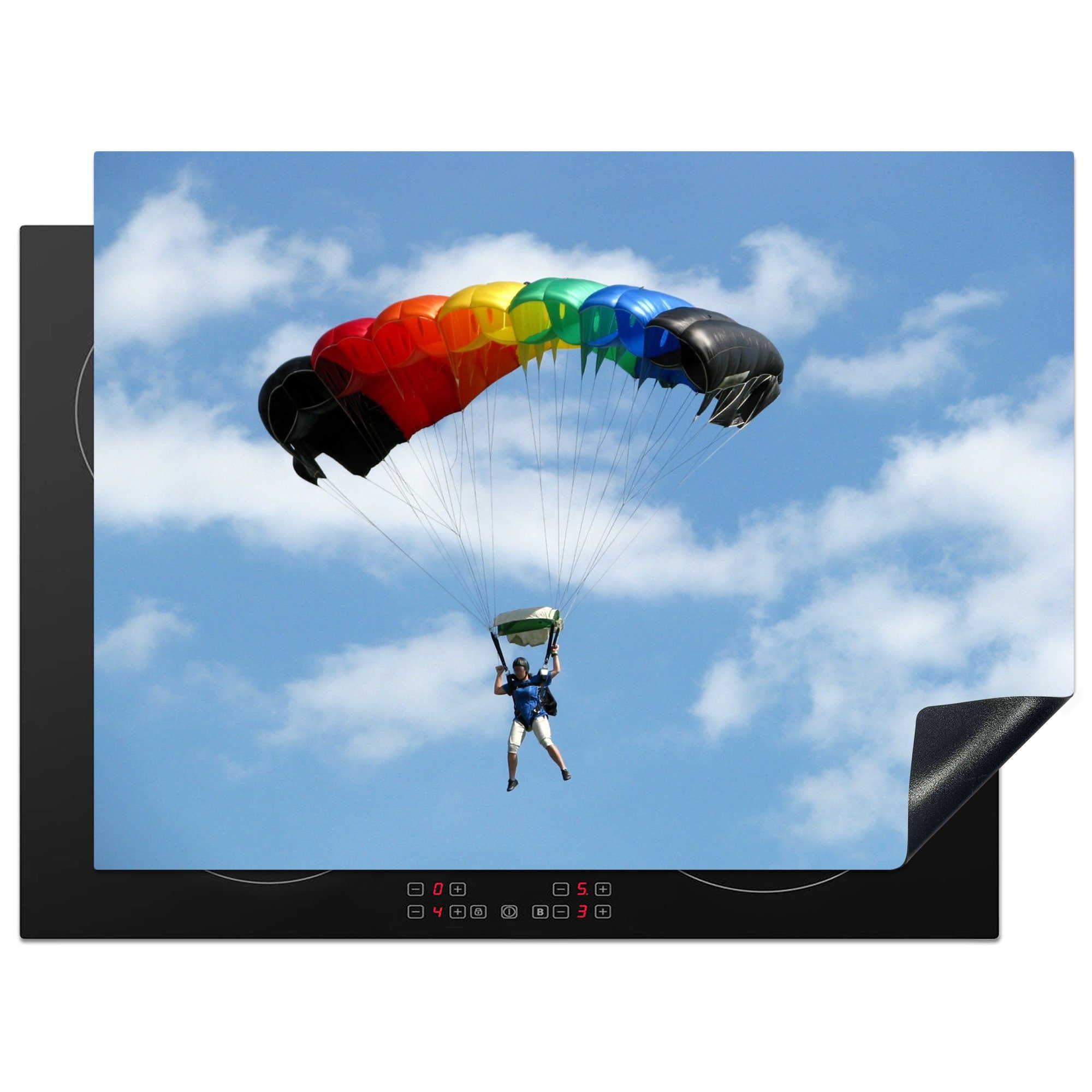 MuchoWow Herdblende-/Abdeckplatte Bunter Fallschirm eines Fallschirmspringers, Vinyl, (1 tlg), 70x52 cm, Mobile Arbeitsfläche nutzbar, Ceranfeldabdeckung