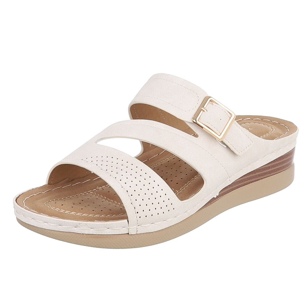 Ital-Design Damen Keilsandale mit Schnalle und Komfortfußbett Pantolette (91849234) Keilabsatz/Wedge Keilsandaletten in Creme