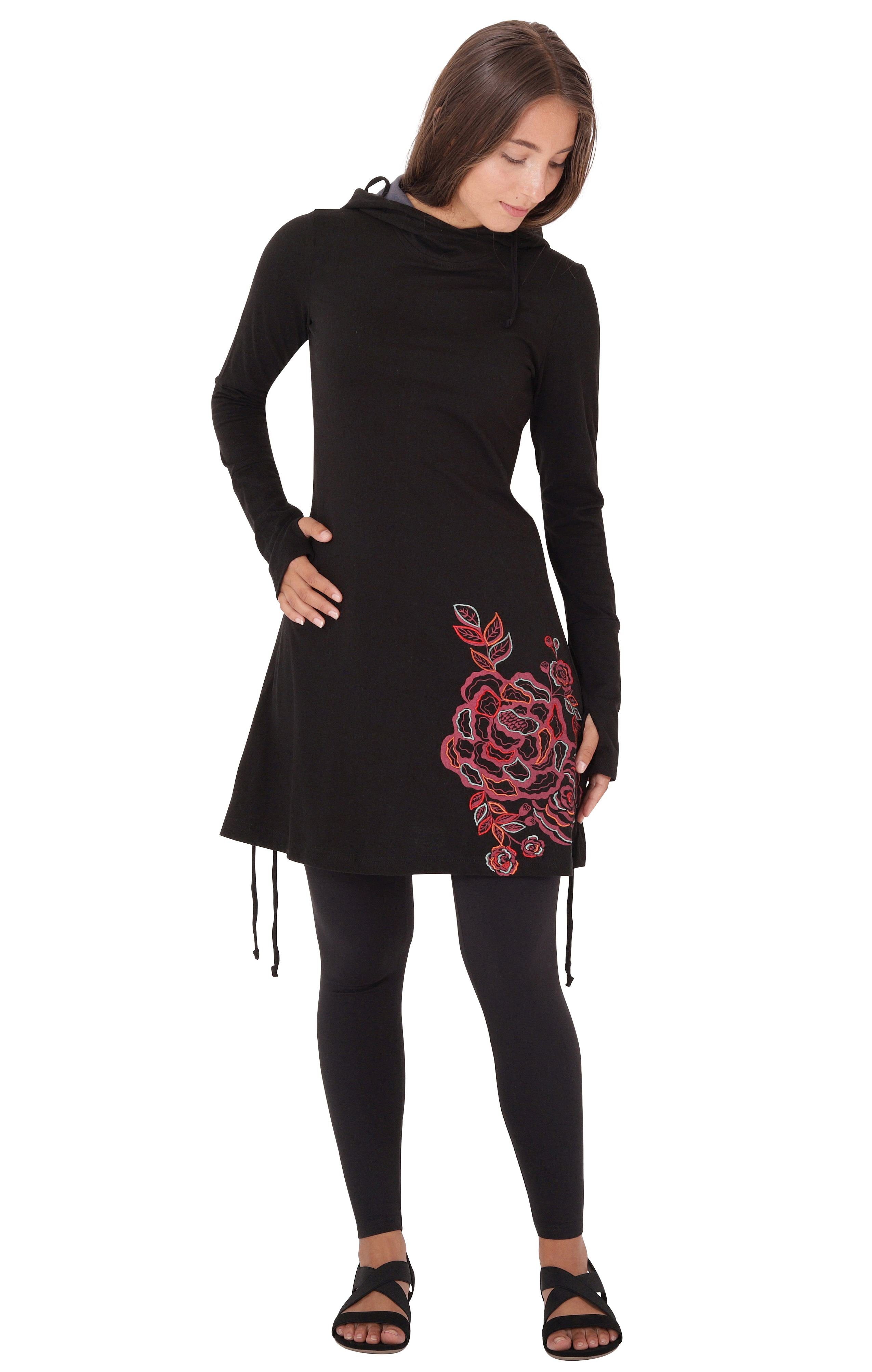 Blumen-Print mit Schwarz PUREWONDER Jersey dr132 A-Linien-Kleid Kapuzenkleid