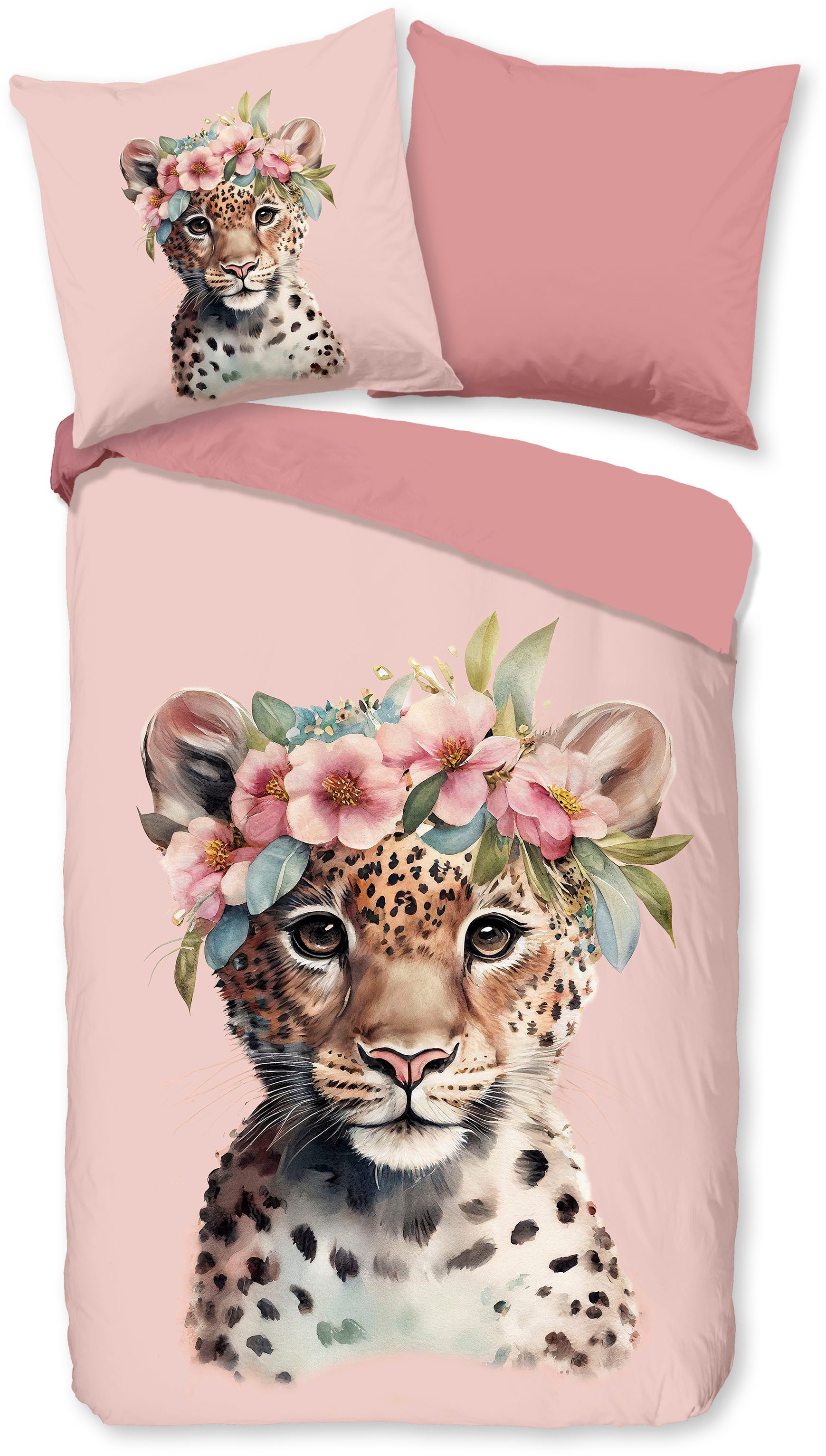 good morning Kinderbettwäsche Kiranmu, Biber, Flanell, 2 teilig, Flanell Biber, 135x200, Warm, Reißverschluss, Wende, Mädchen, leopard – Bild 2 von 5