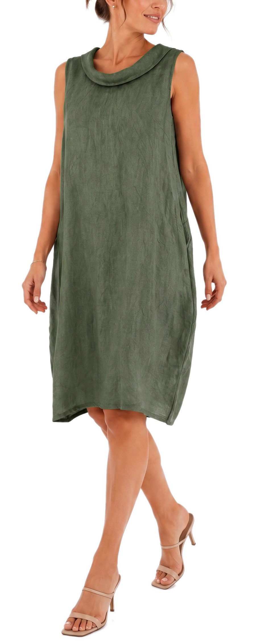 dy_mode Midikleid Damen Leinenkleid Luftiges Midi Sommerkleid Ballonkleid Strandkleid in Unifarbe, Wasserfallkragen, mit seitlichen Eingriffstaschen