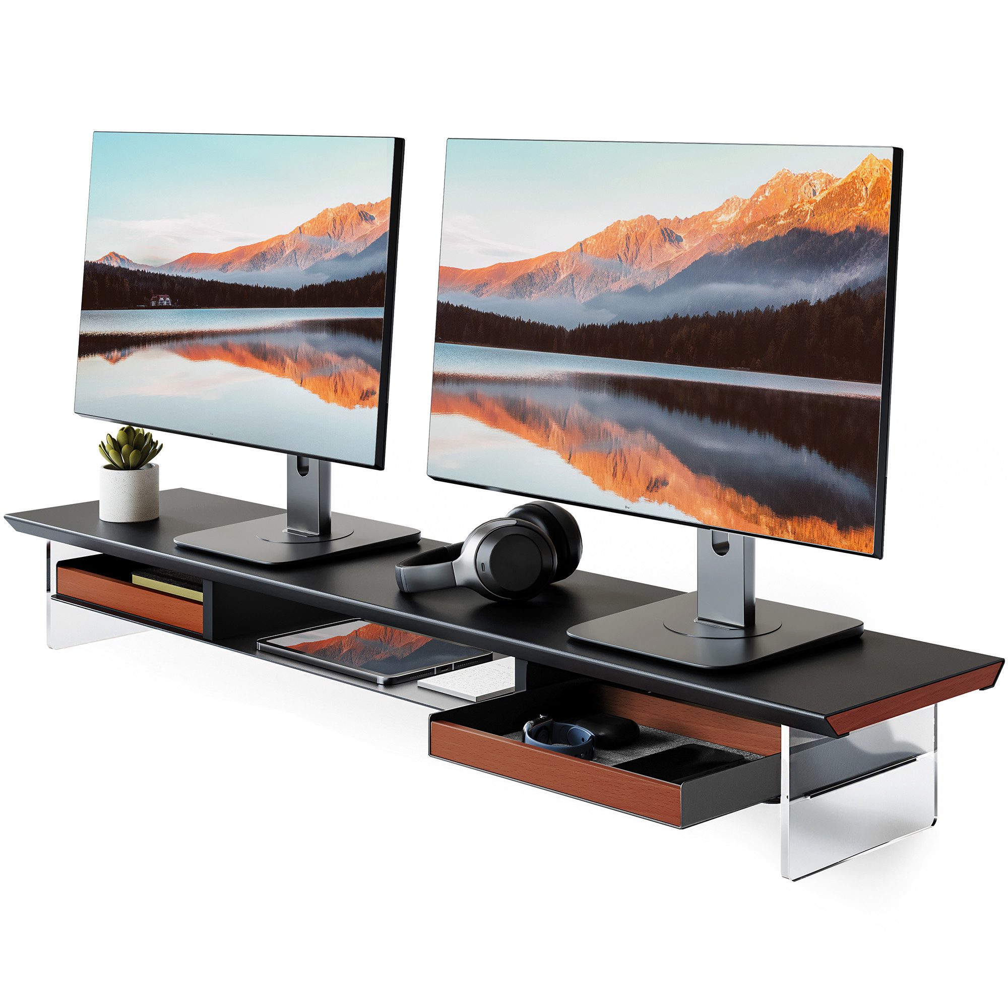 Fenge Monitorständer, (Monitorerhöhung mit Schubladen, bis zu 35 kg, 2 Monitore)