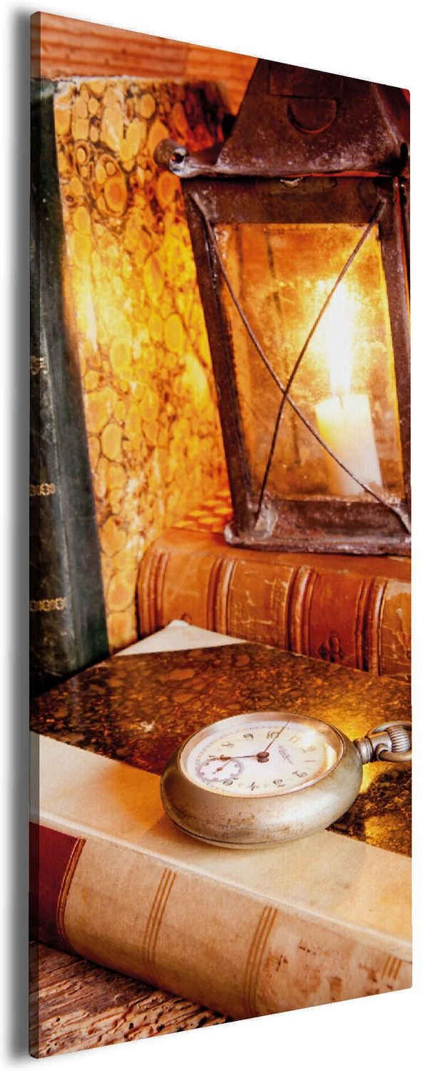 Wallario Leinwandbild, Antike Laterne mit Kerze alten Büchern und Taschenuhr, in verschiedenen Ausführungen